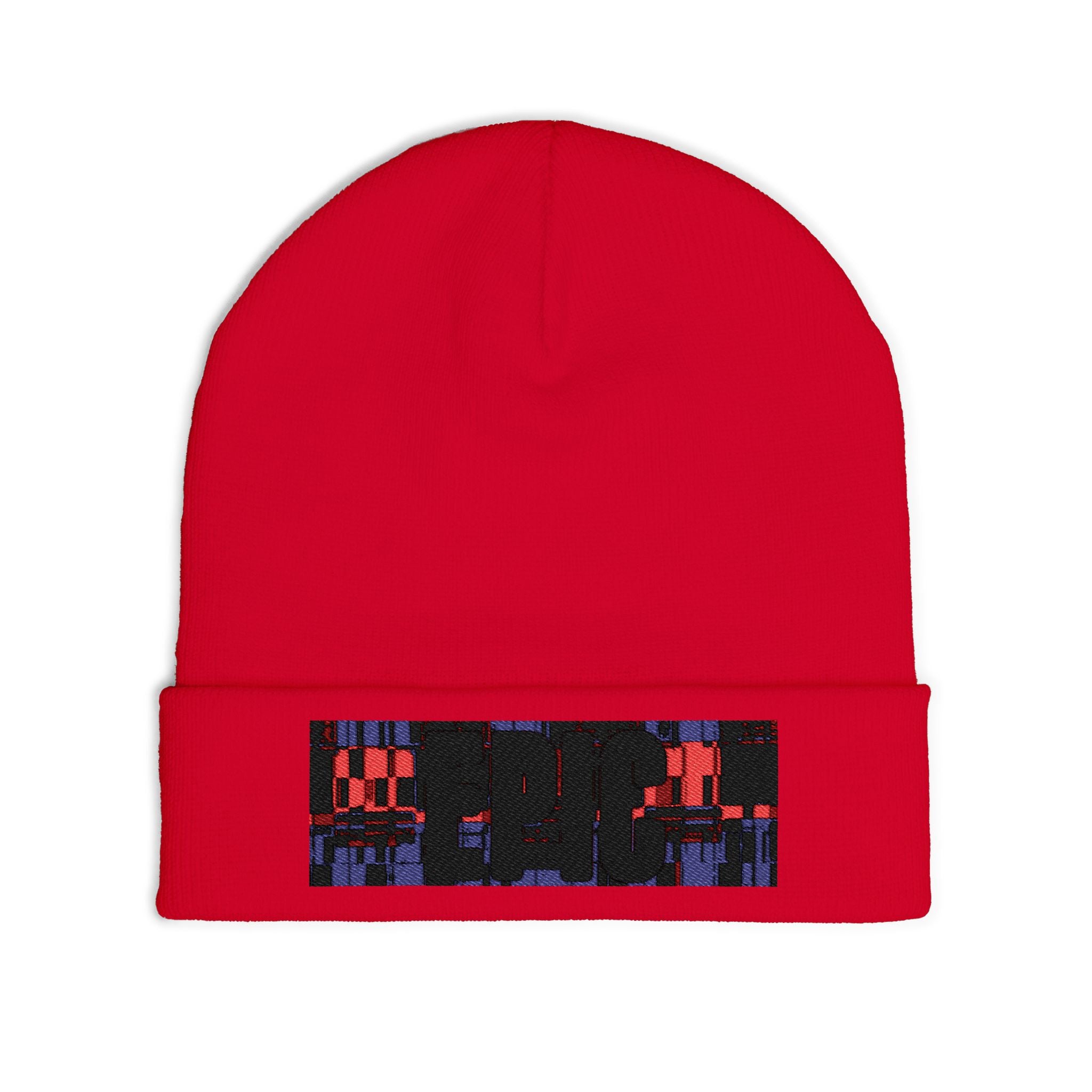 Embroidered Pixel City Knit Beanie — Urban Nightscape Winter Hat
