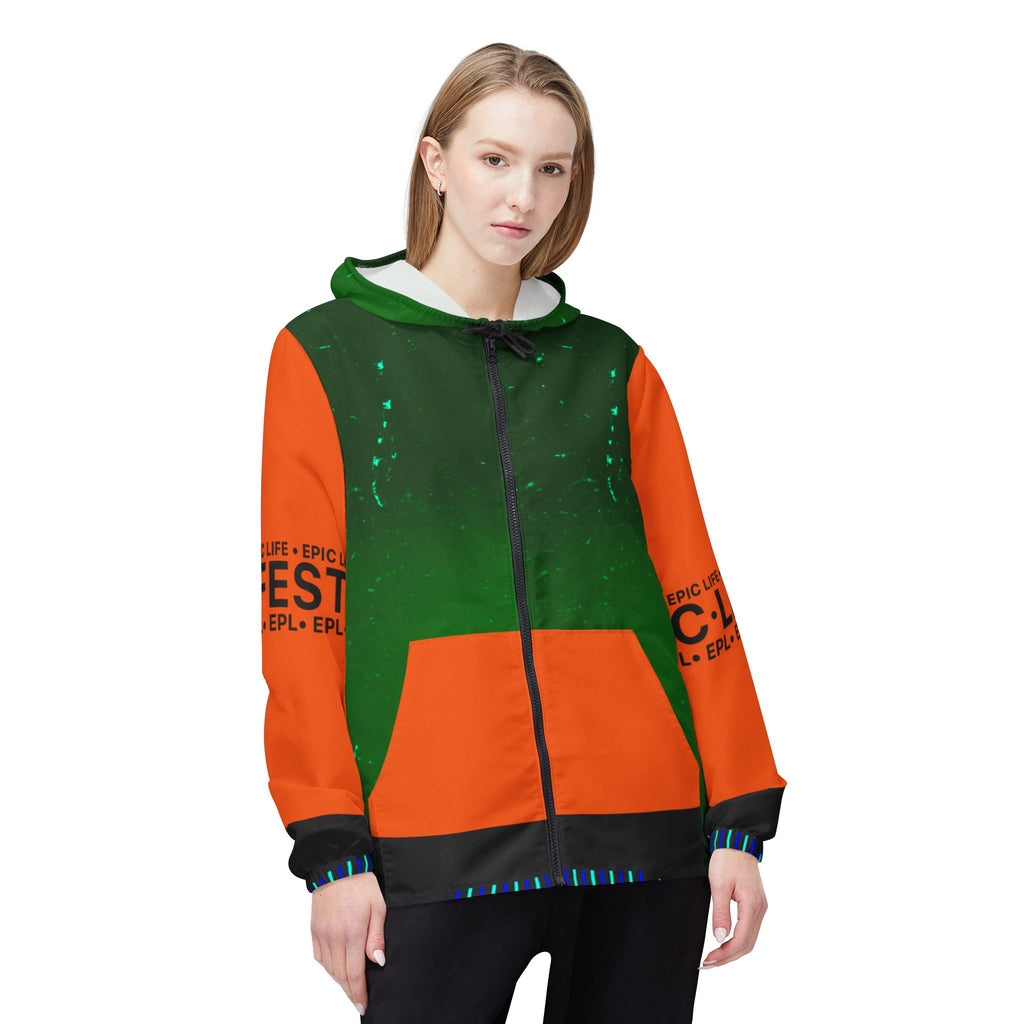 Green & Orange Graphic Windbreaker Jacket – All-Over Print, Bold Streetwear
