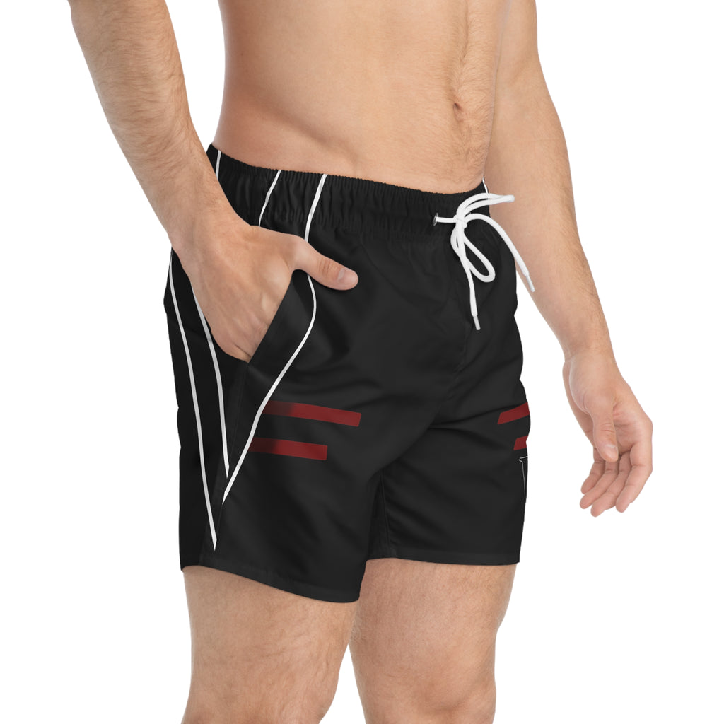 Men's V-Emblem Black Swim Trunks — Athletic Striped Beach Shorts