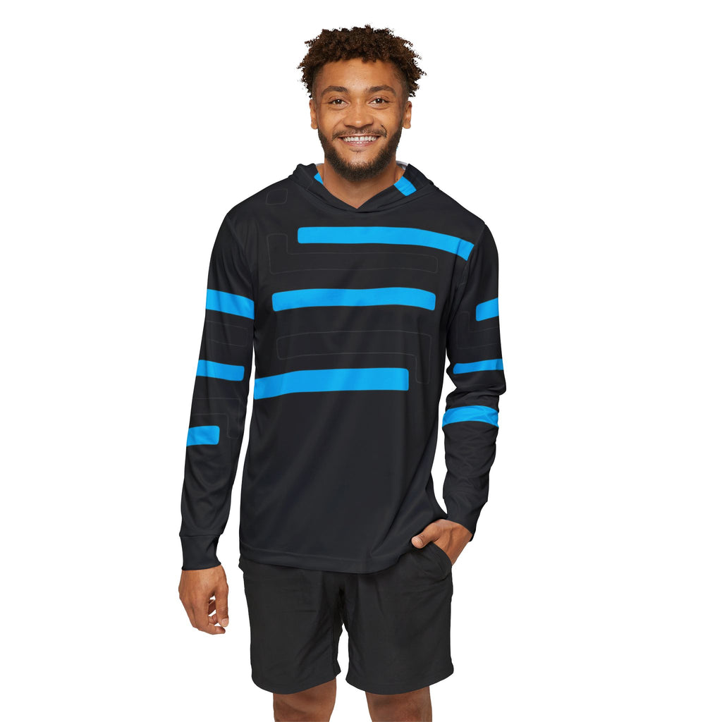 Men’s Black Athletic Hoodie with Electric Blue Stripe Design