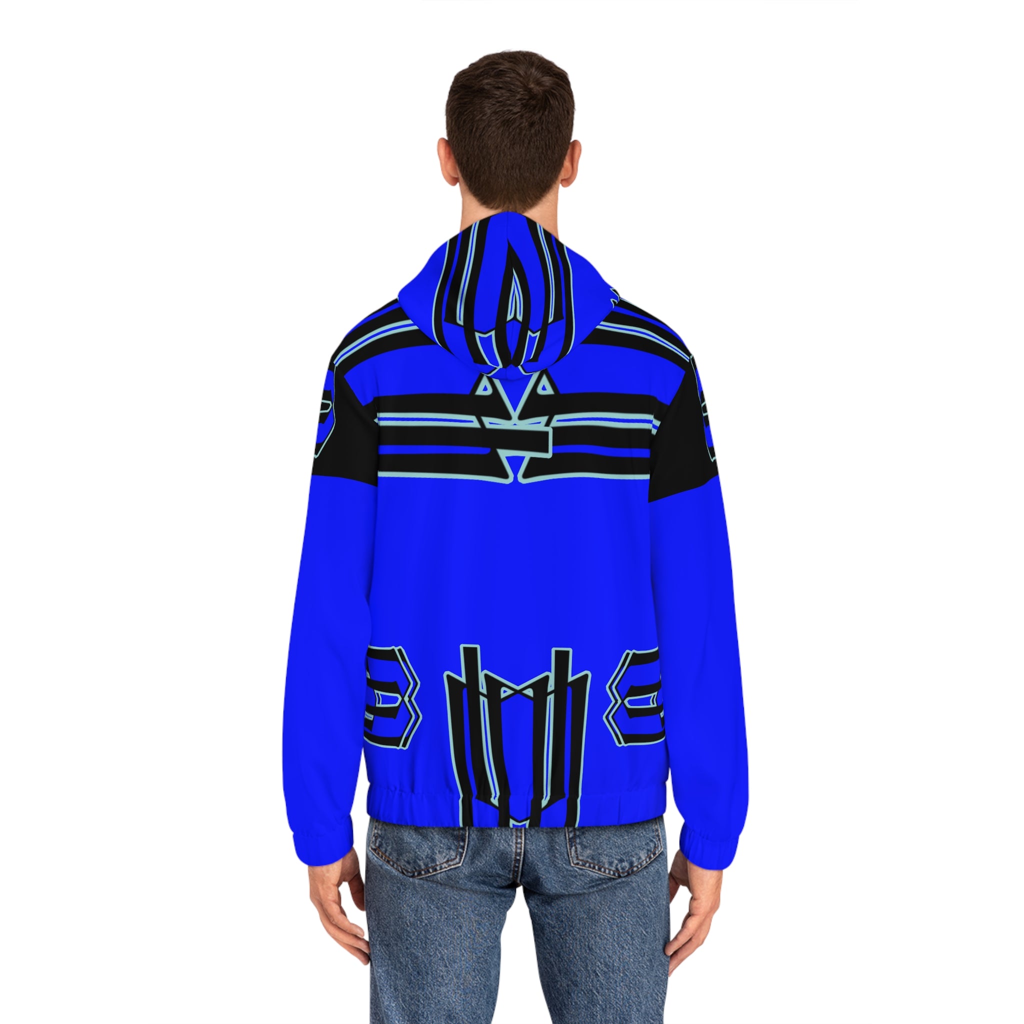 Blue Geometric Pattern Full‑Zip Hoodie — Bold Tribal Tech AOP Jacket