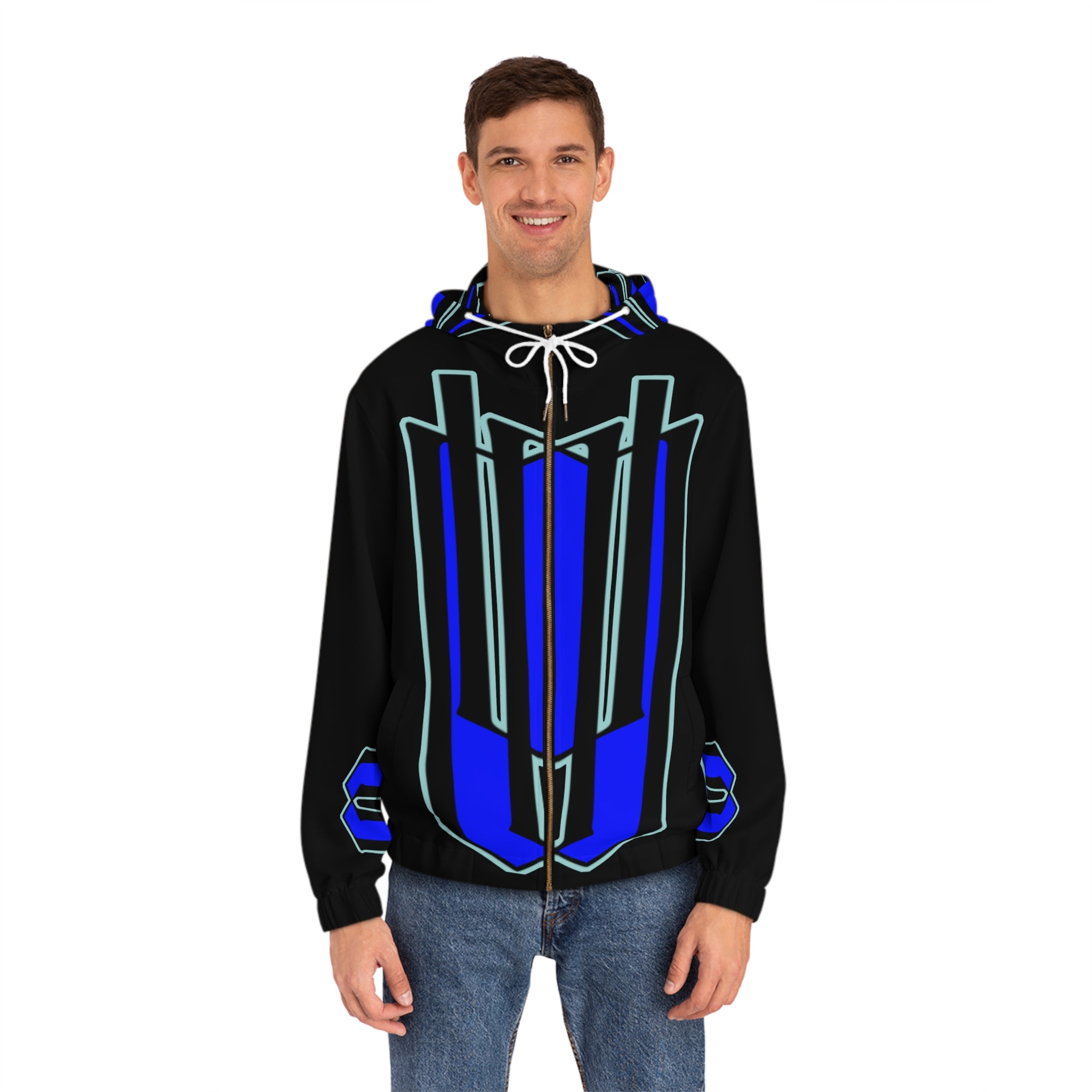 Geometric Neon Blue Zip Hoodie — Futuristic Streetwear Jacket