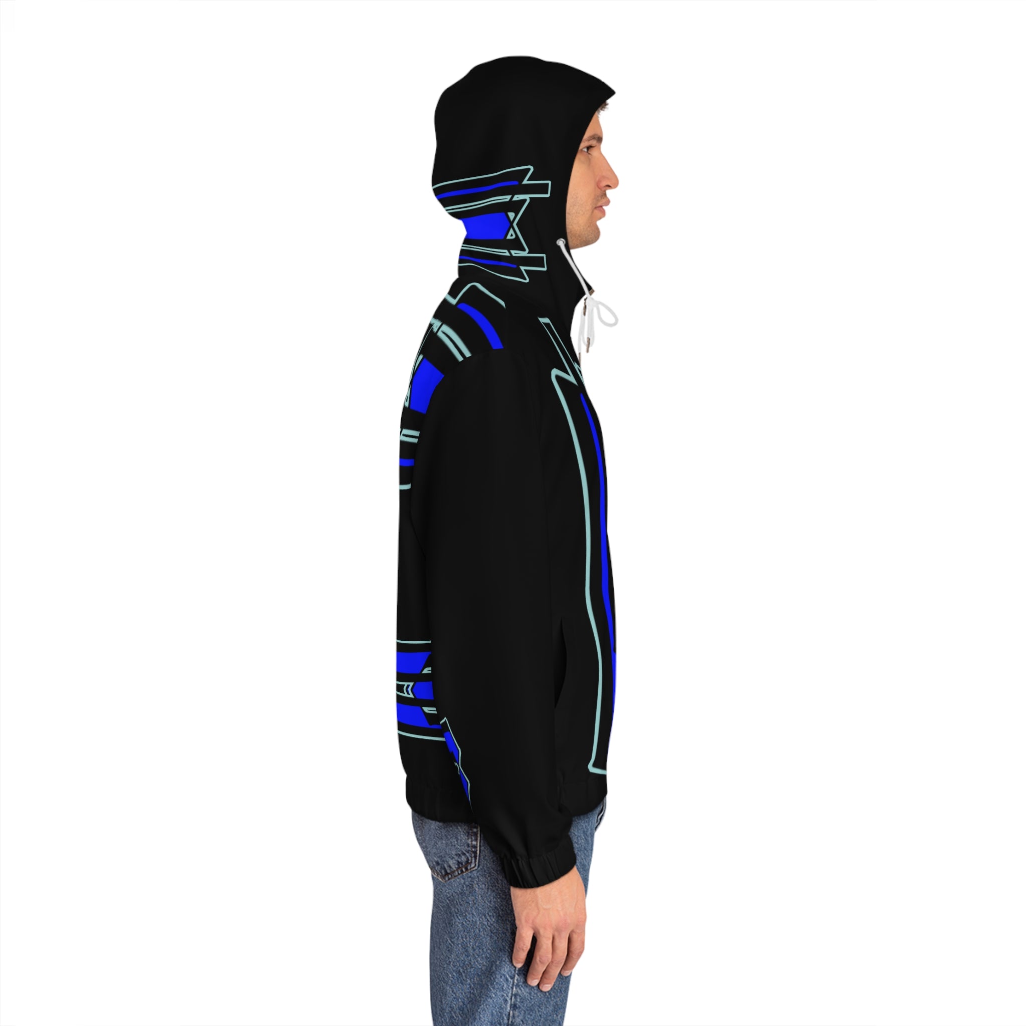 Geometric Neon Blue Zip Hoodie — Futuristic Streetwear Jacket