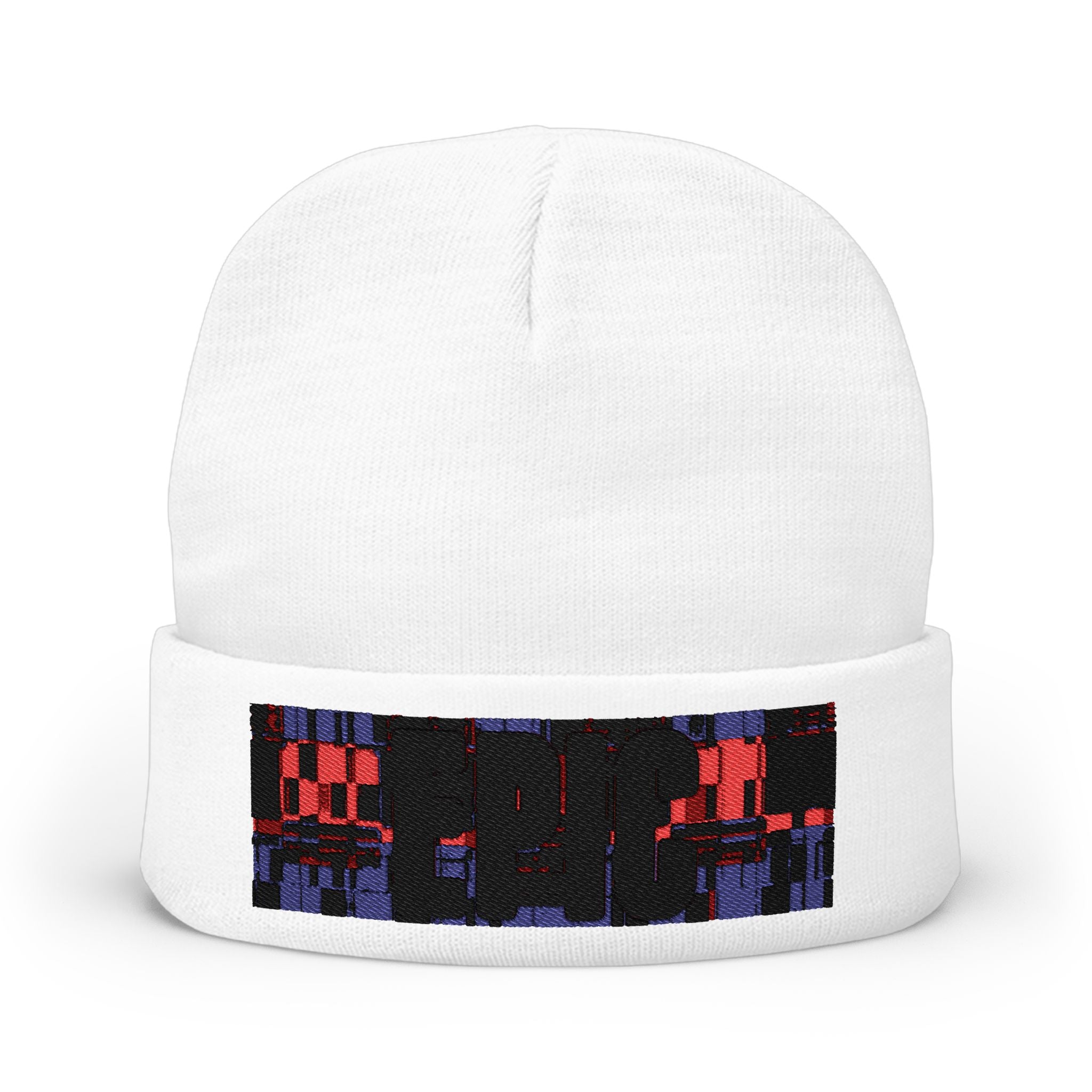Embroidered Pixel City Knit Beanie — Urban Nightscape Winter Hat