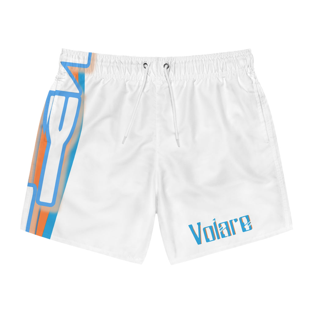 Volare White Swim Trunks — Retro Blue & Orange Side Logo All-Over Print