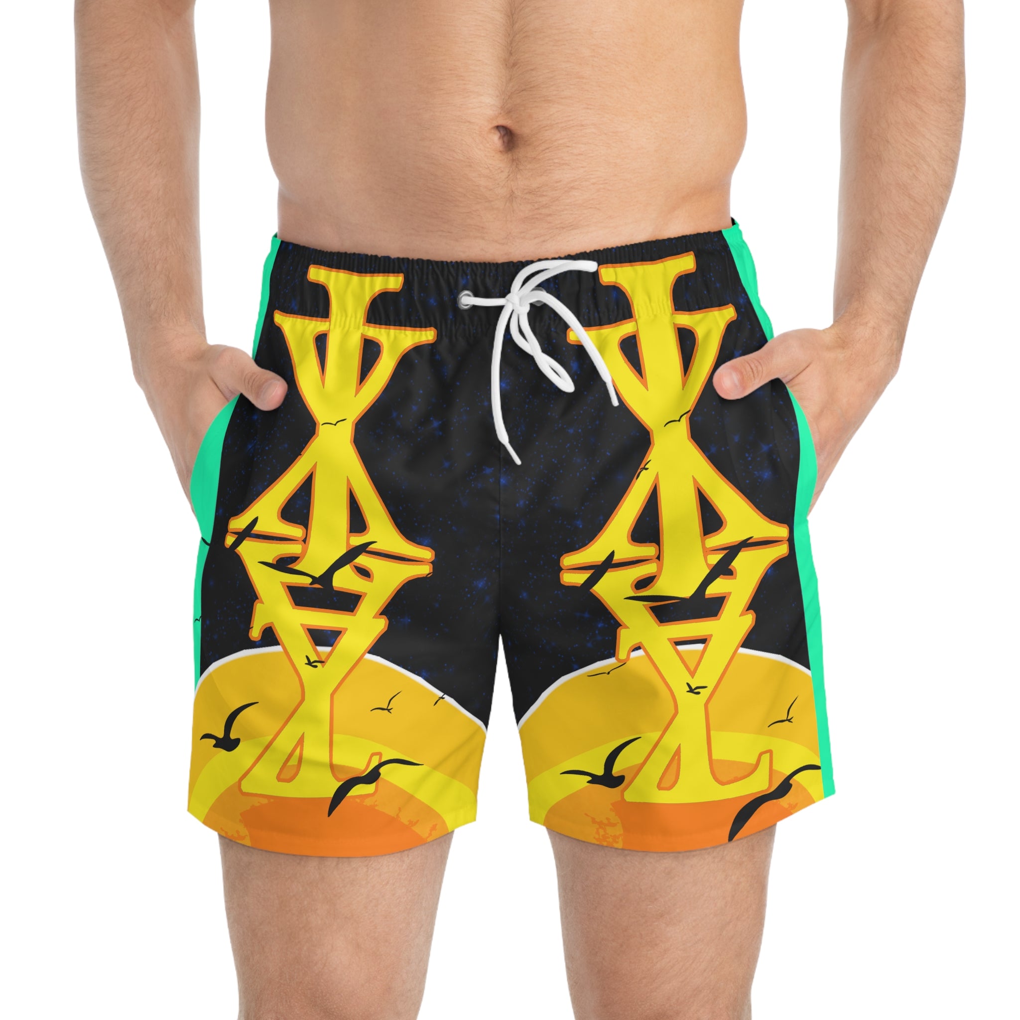 Sunset Glyph Swim Trunks — Tropical Beach Swim Shorts