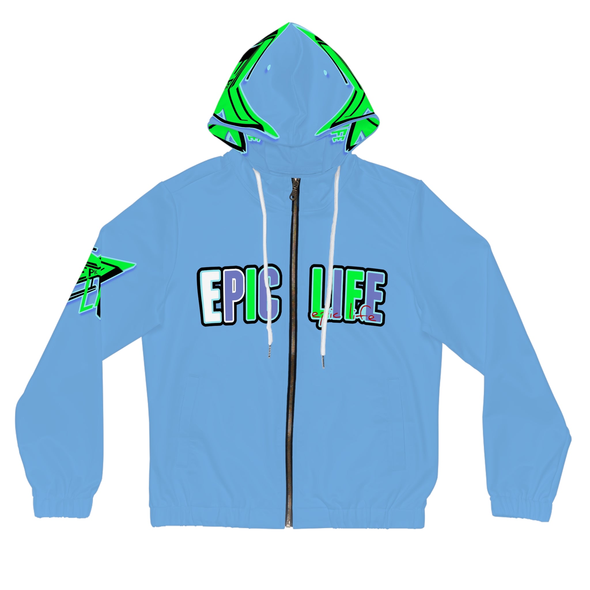 Epic Life Women’s Full-Zip Hoodie — Blue Graphic Zip-Up with Green Accent Hood