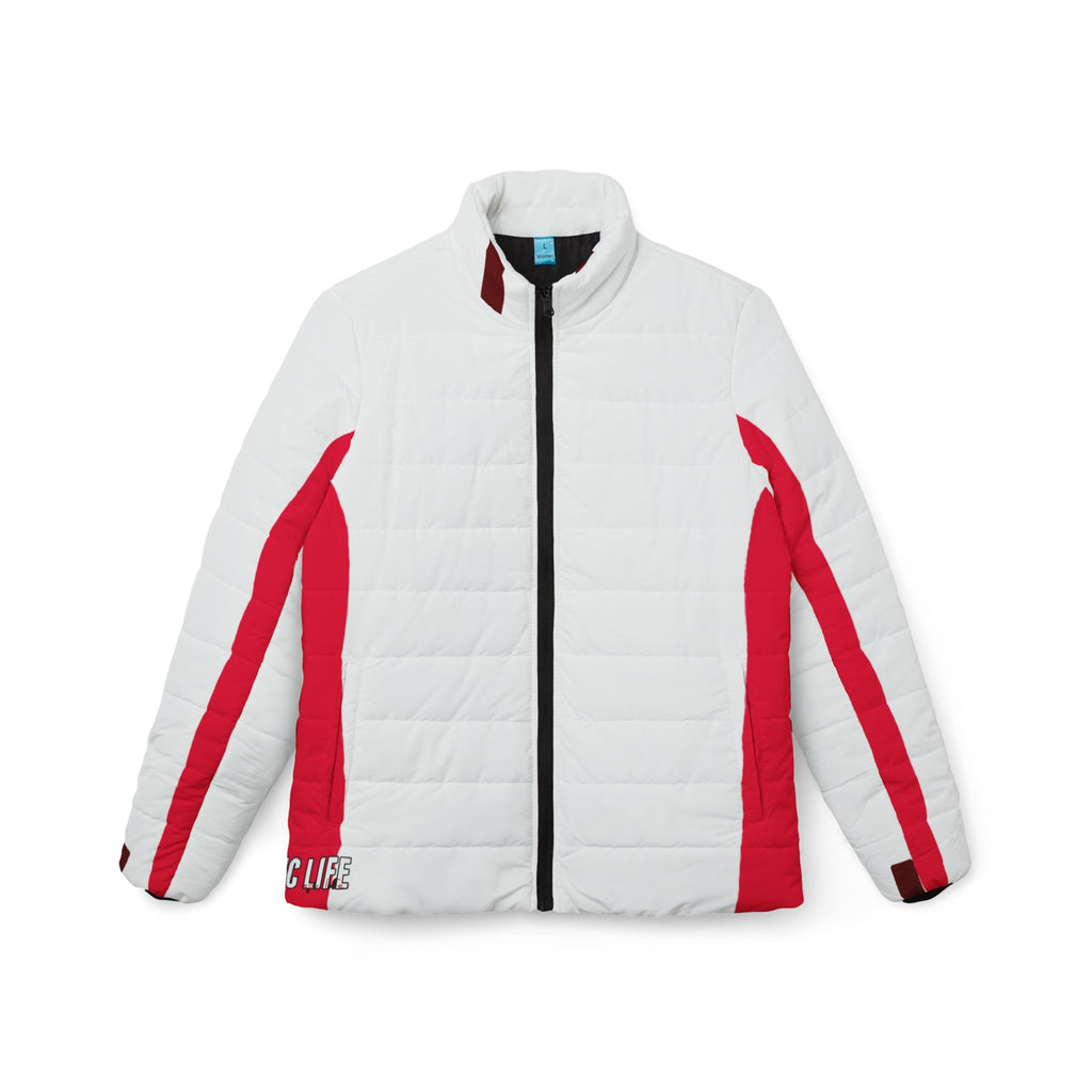 White & Red Women’s Puffer Jacket — Lightweight Quilted Winter Coat