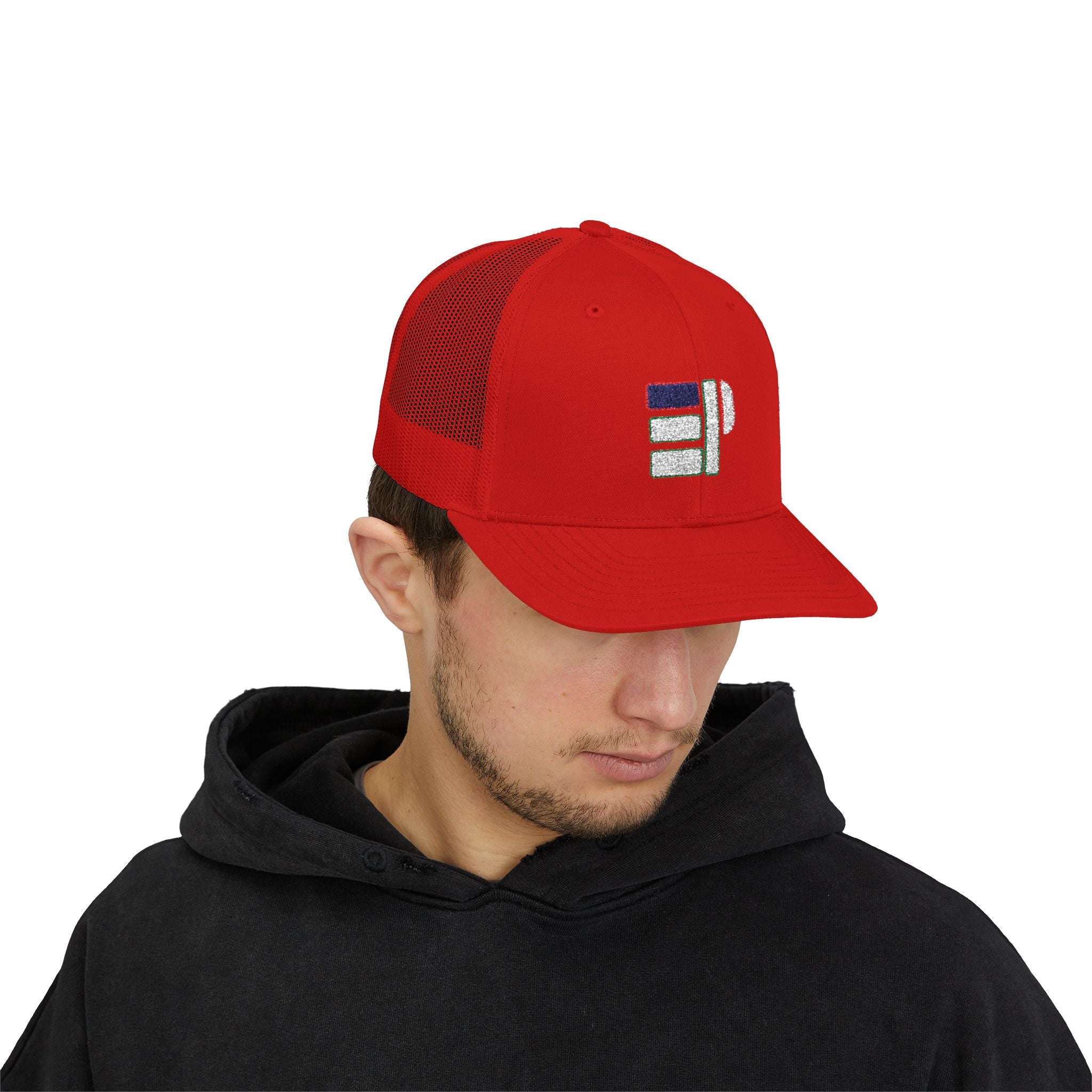 Red Trucker Cap with Retro Striped 'P' Patch — Casual Snapback Hat