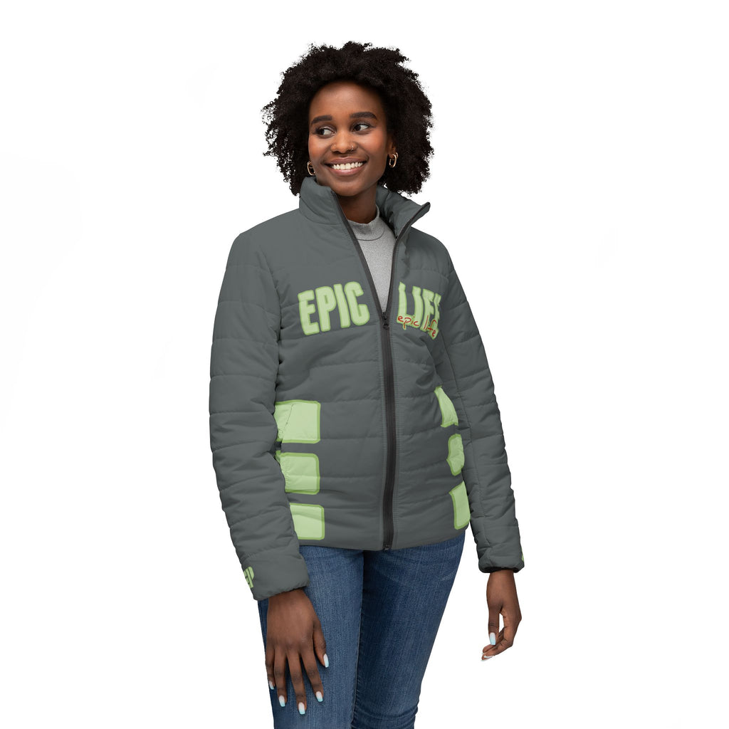 Epic Life Women’s Puffer Jacket — Reflective Green Accent AOP