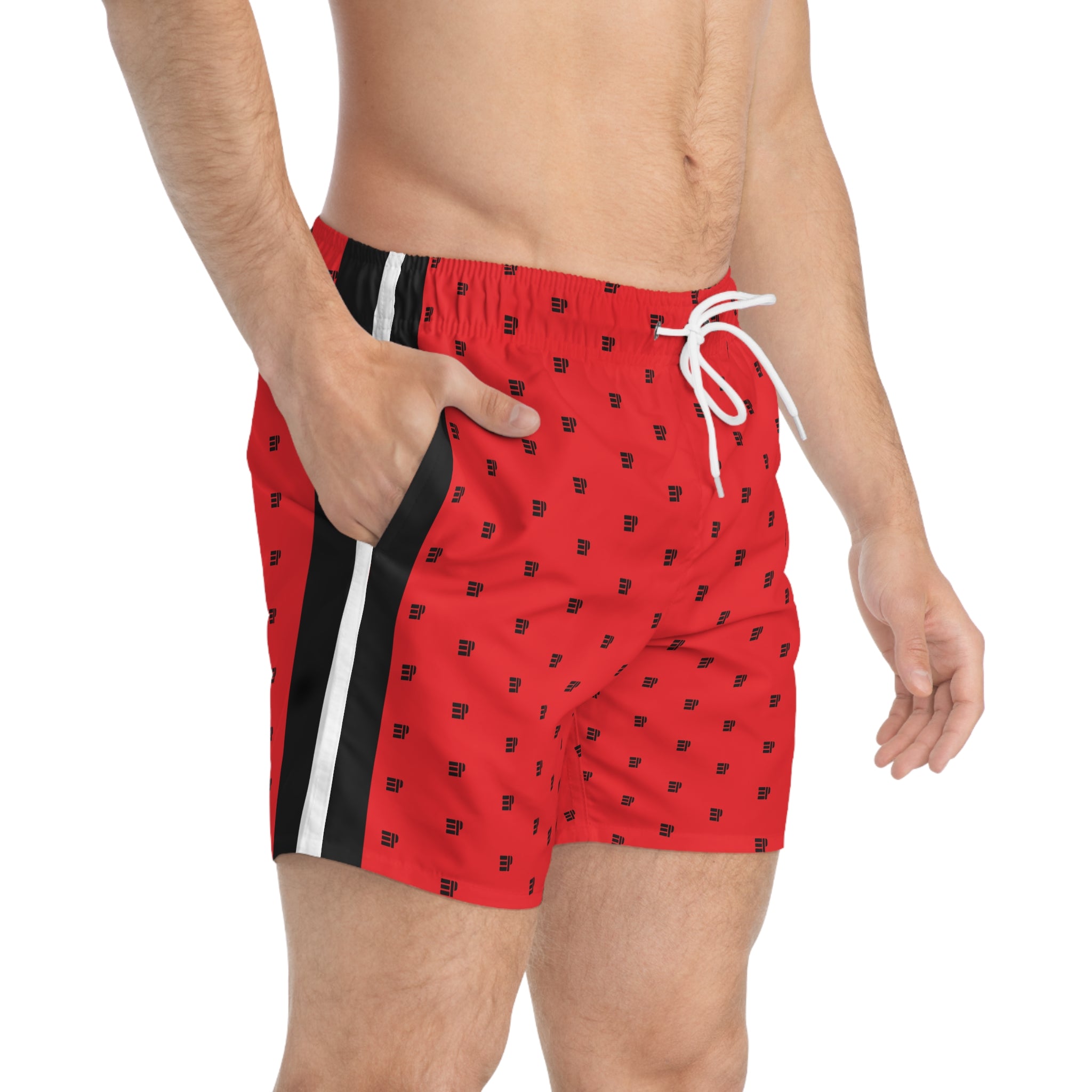 Men's Red Patterned Swim Trunks with Black Side Stripes — All-Over Print