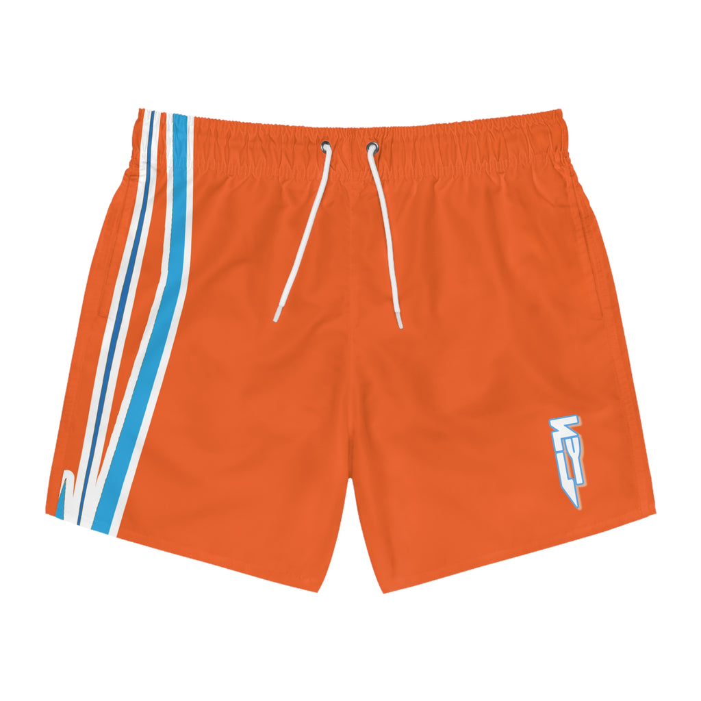 Retro Orange Swim Trunks with Blue Racing Stripes
