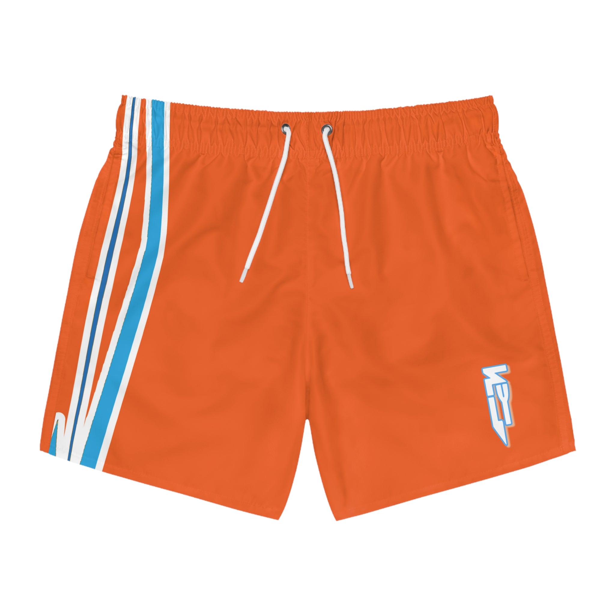 Retro Orange Swim Trunks with Blue Racing Stripes