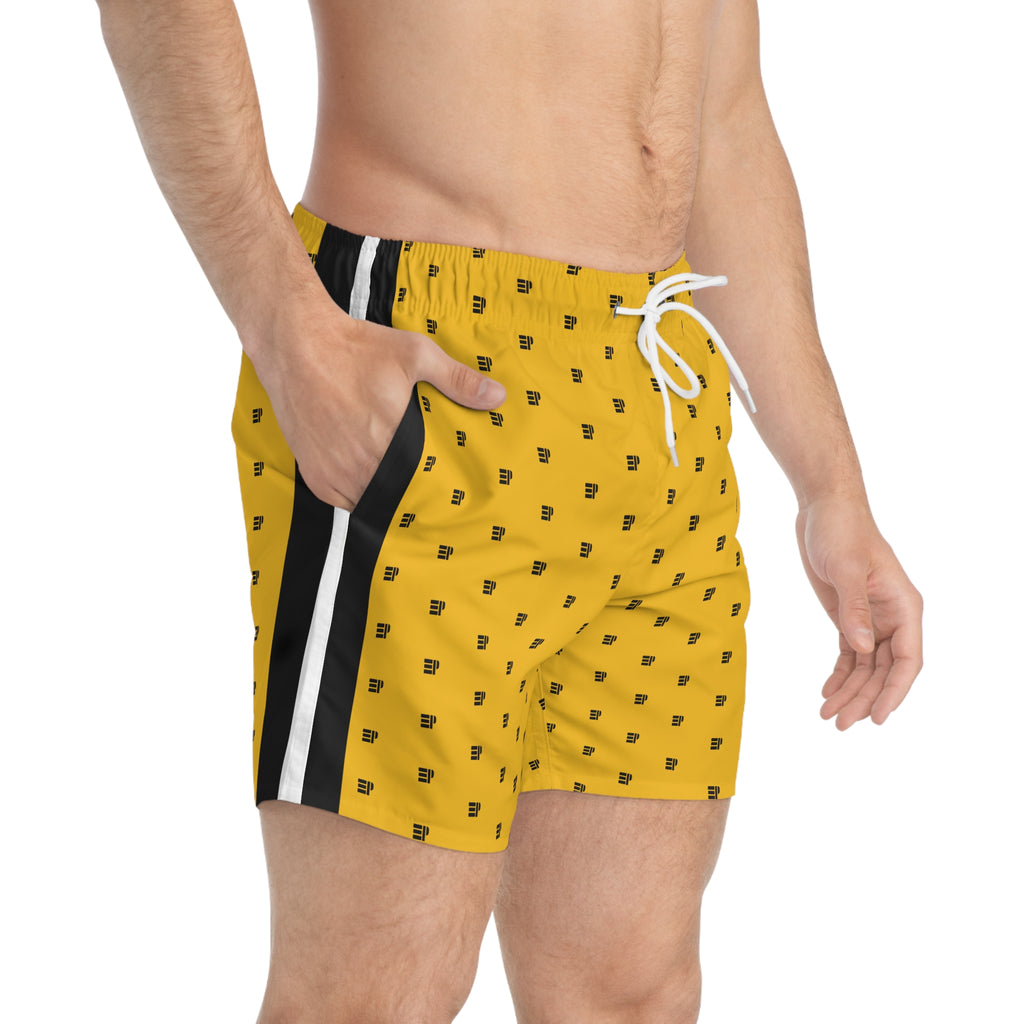 Yellow Retro Pattern Swim Trunks — Minimal Black Icon All-Over Print