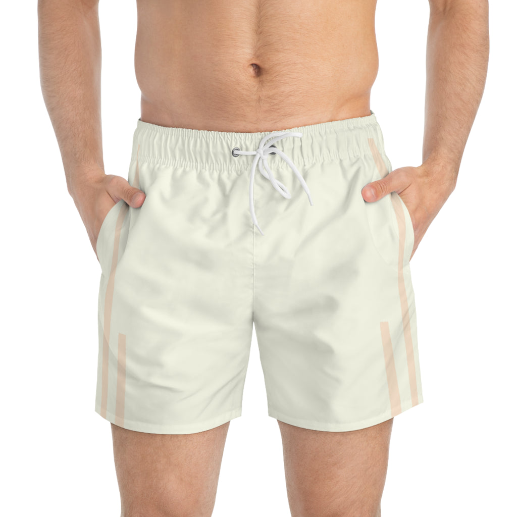 Light Cream Swim Trunks with Subtle Peach Stripe — Men's Beach Shorts
