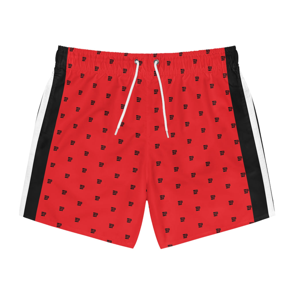 Men's Red Patterned Swim Trunks with Black Side Stripes — All-Over Print