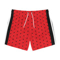 Men's Red Patterned Swim Trunks with Black Side Stripes — All-Over Print