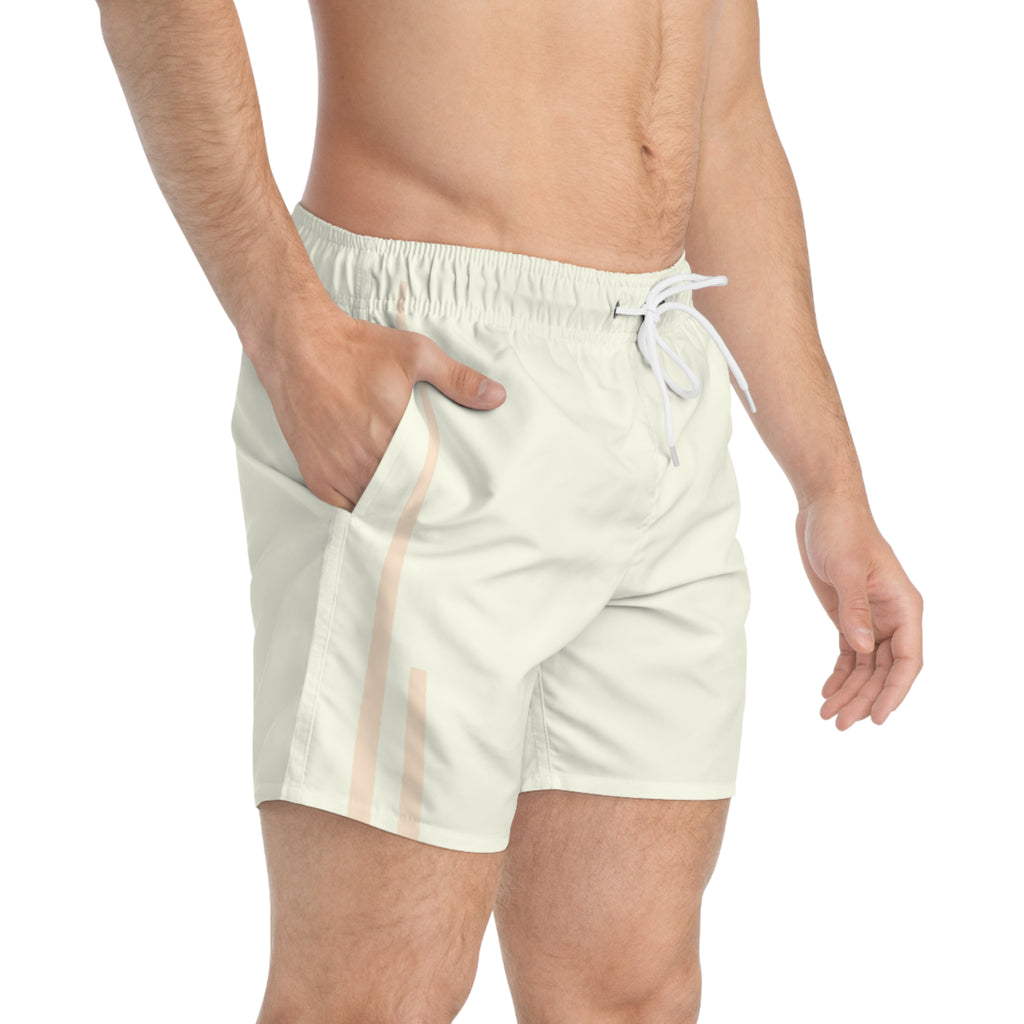 Light Cream Swim Trunks with Subtle Peach Stripe — Men's Beach Shorts