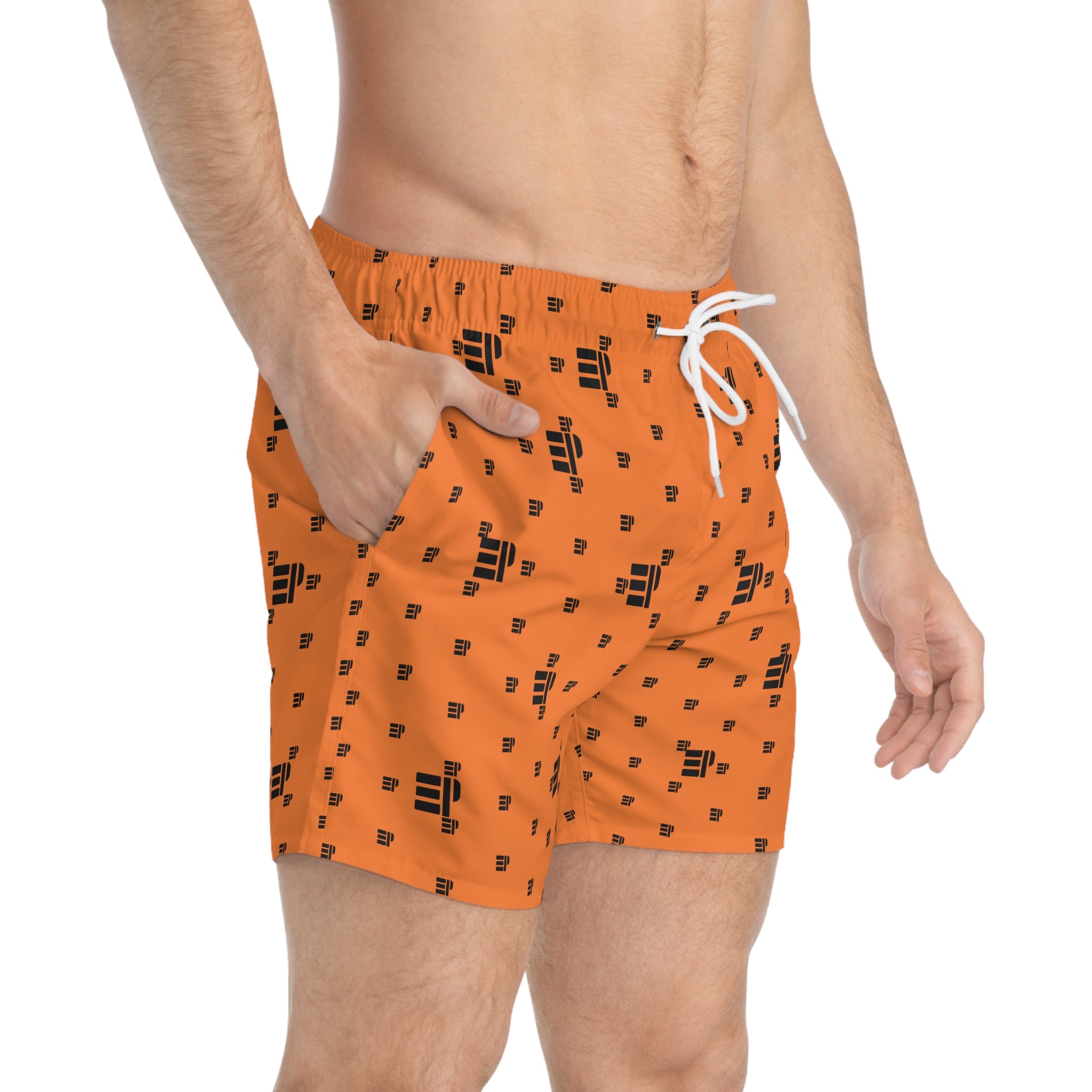 Orange Logo Pattern Swim Trunks – All-Over Print Beach Shorts