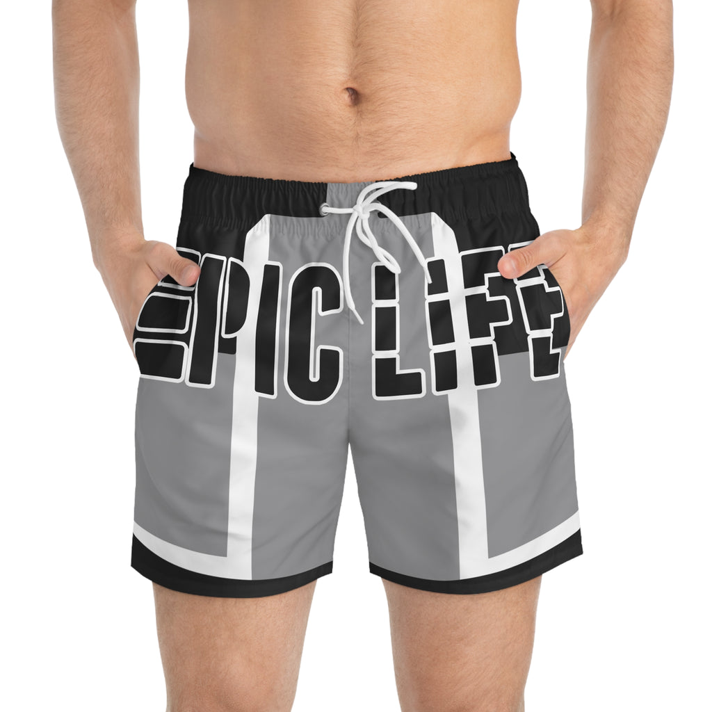 Epic Life Swim Trunks — Bold Grey AOP Beach Shorts
