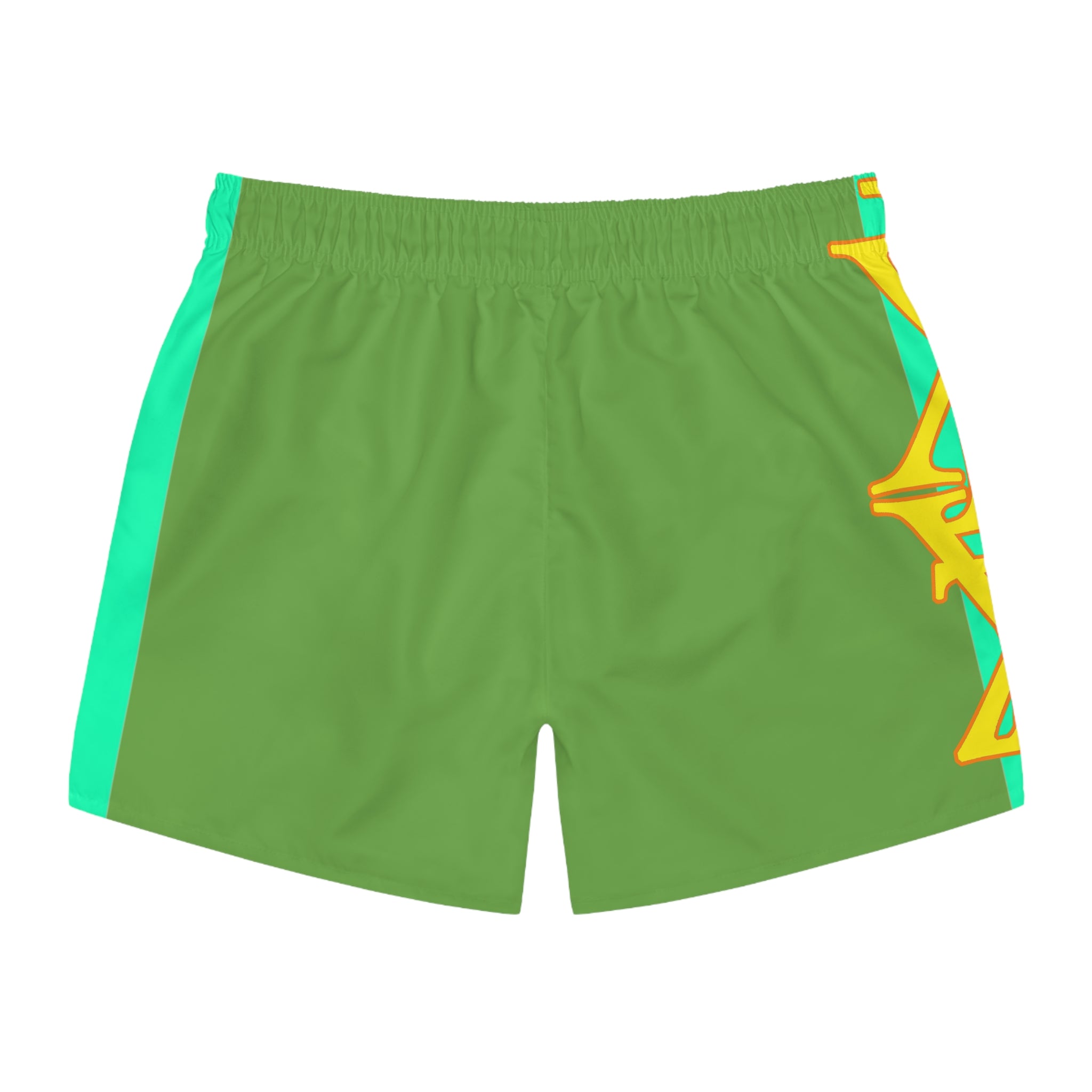 Tropical Green Swim Trunks with Bold Gold Nautical Motif