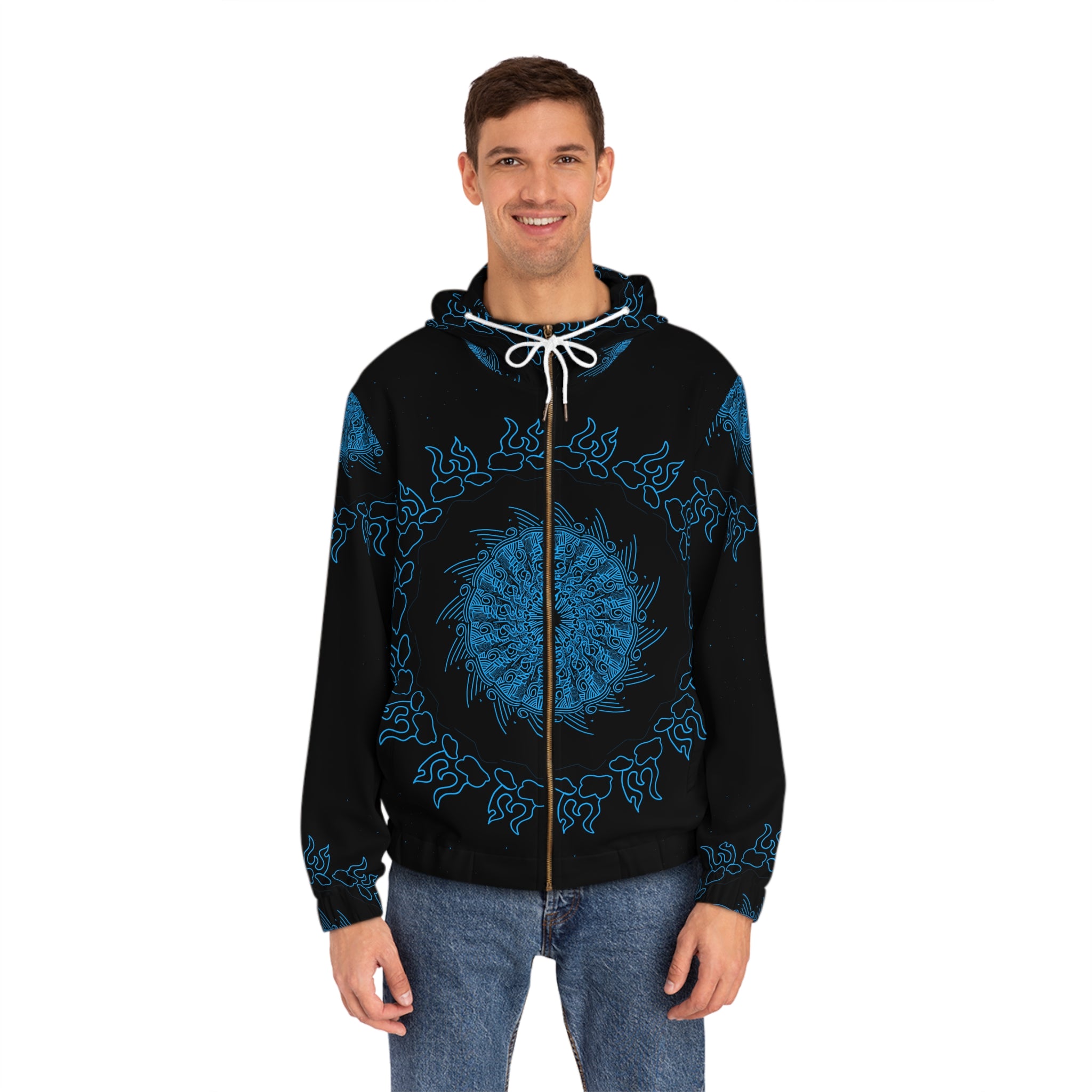 Blue Mandala Zip Hoodie — Men's All-Over Print Spiritual Graphic Jacket
