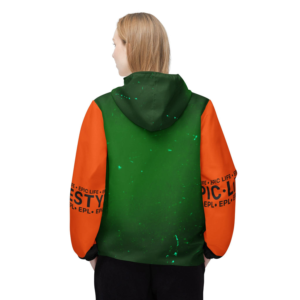 Green & Orange Graphic Windbreaker Jacket – All-Over Print, Bold Streetwear