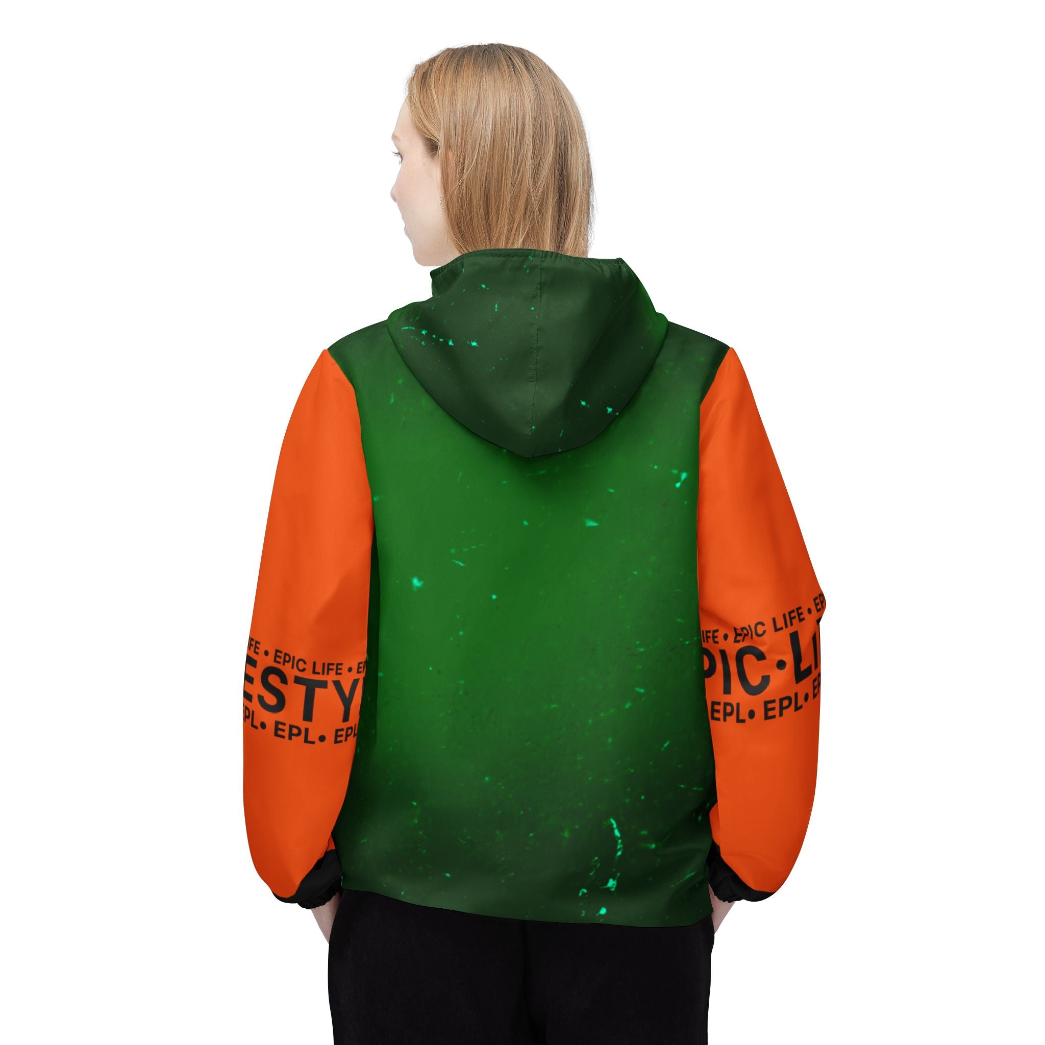Green & Orange Graphic Windbreaker Jacket – All-Over Print, Bold Streetwear