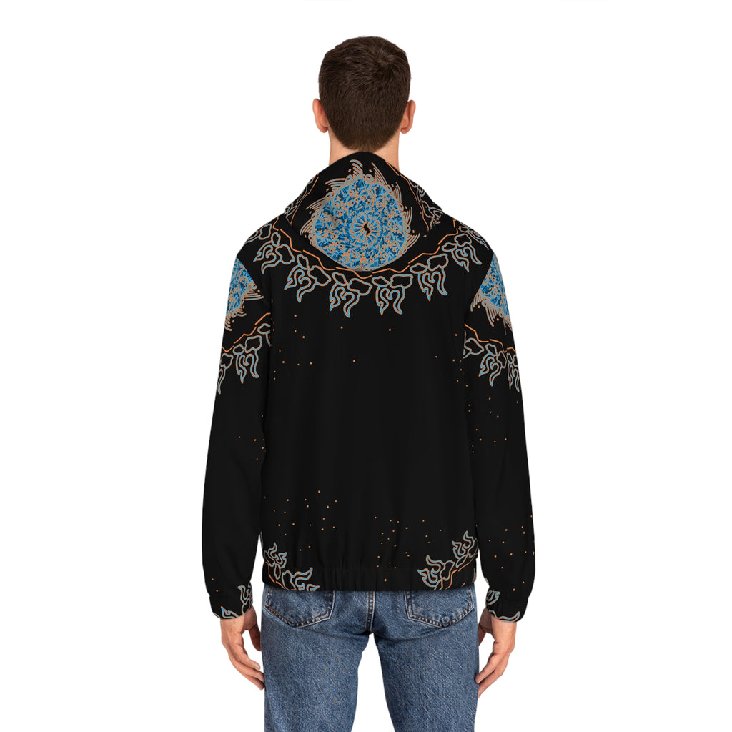 Men's Black Zip Hoodie with Blue Tribal Sun Mandala Print