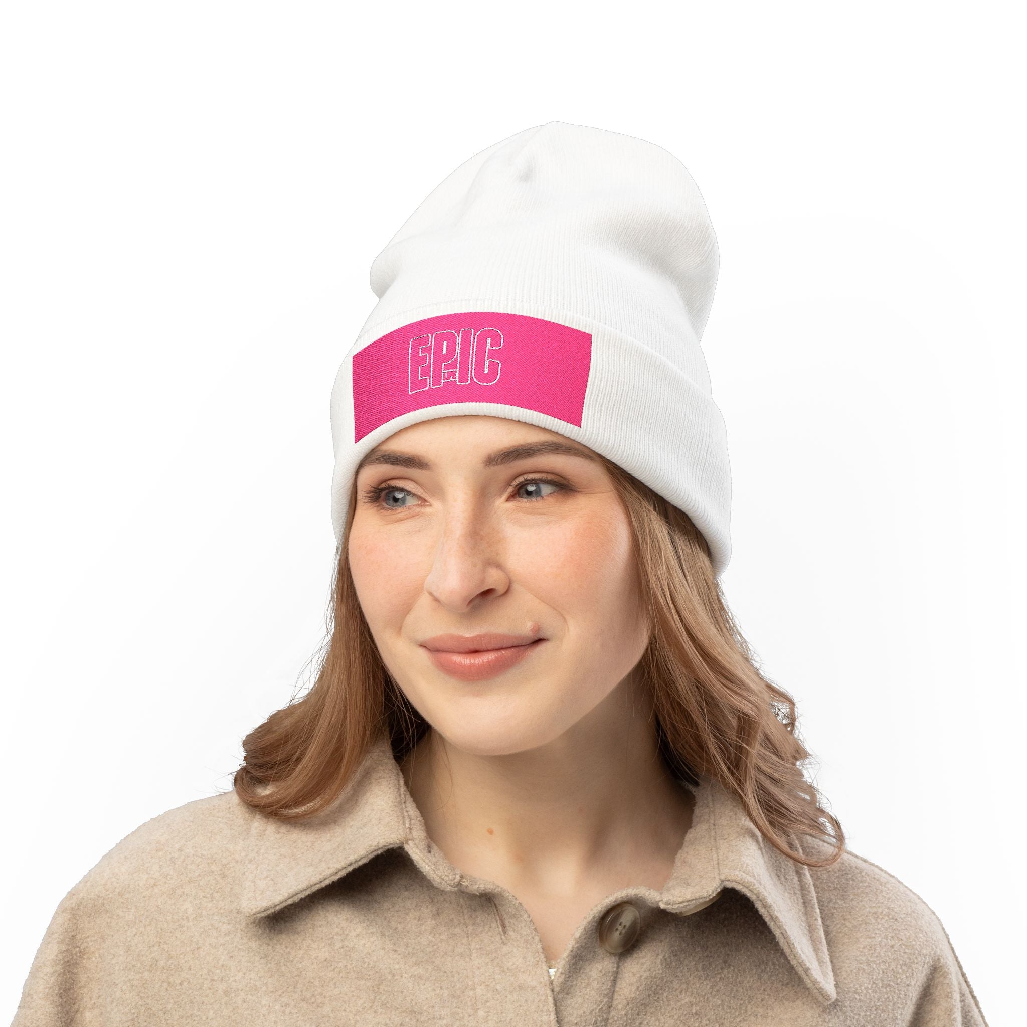 Embroidered 'EPIC' Knit Beanie - Pink Patch Winter Hat