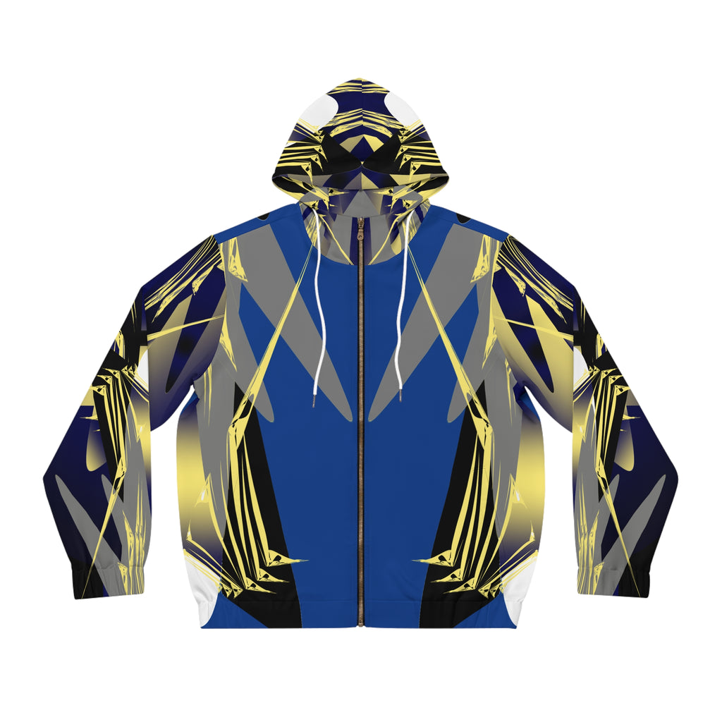 Men's Geometric Blue & Gold Full-Zip Hoodie — Abstract Symmetry AOP