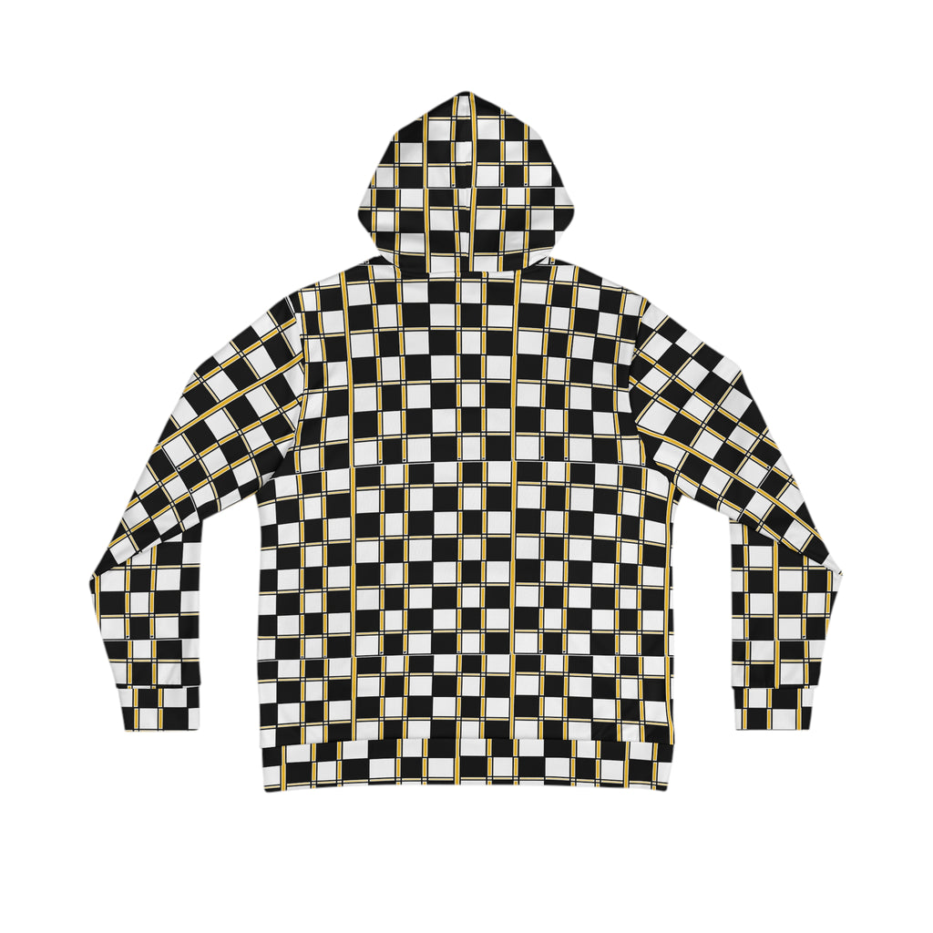 Checkerboard Gold-Trim Hoodie — Black & White Geometric All-Over Print