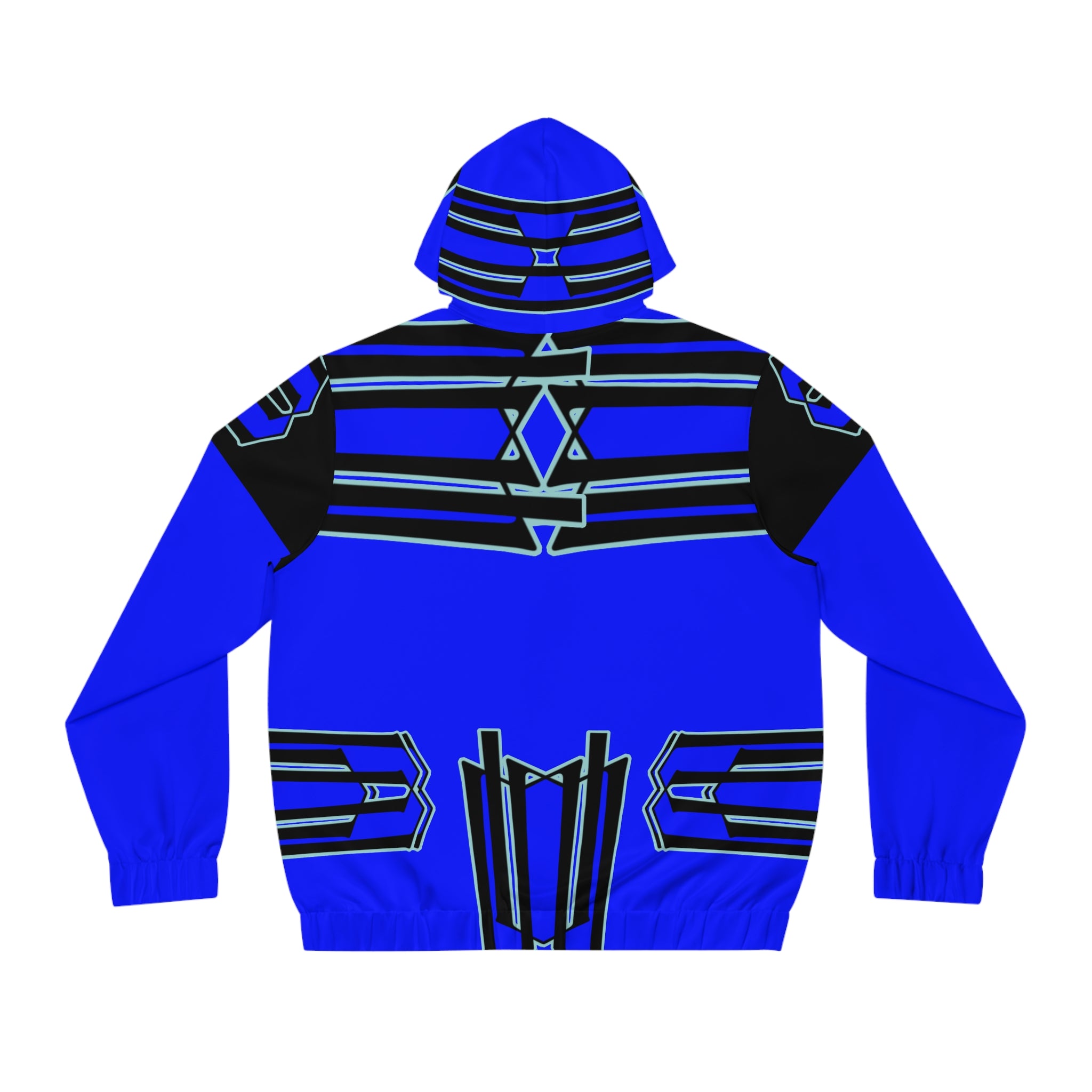 Blue Geometric Pattern Full‑Zip Hoodie — Bold Tribal Tech AOP Jacket