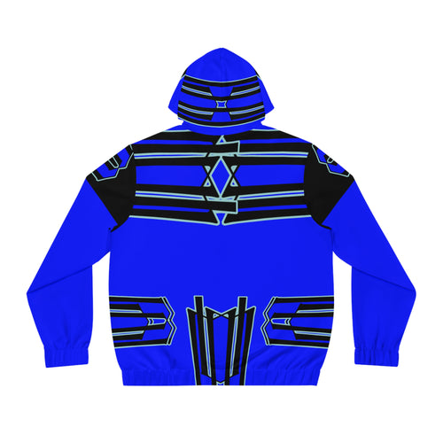 Blue Geometric Pattern Full‑Zip Hoodie — Bold Tribal Tech AOP Jacket