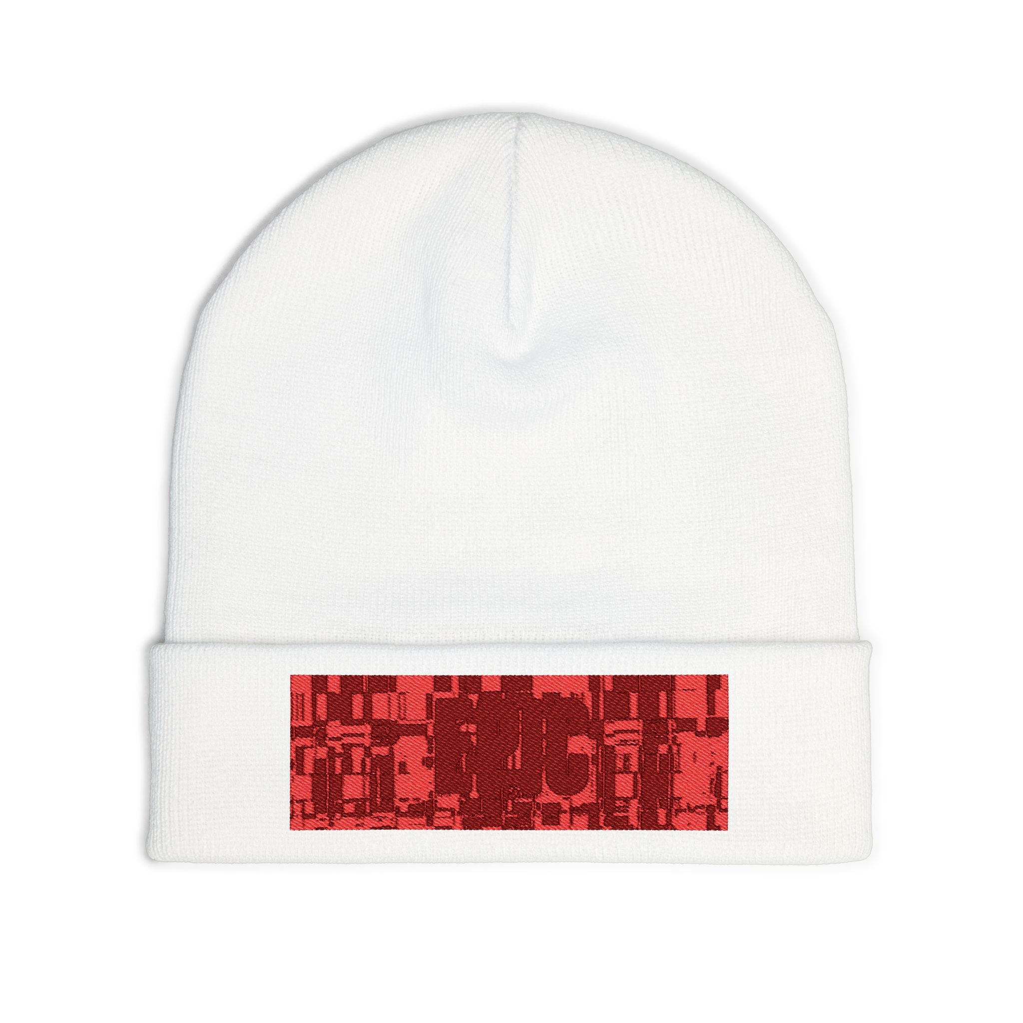 Embroidered Sequin Stripe Knit Beanie — Red Accent Winter Hat
