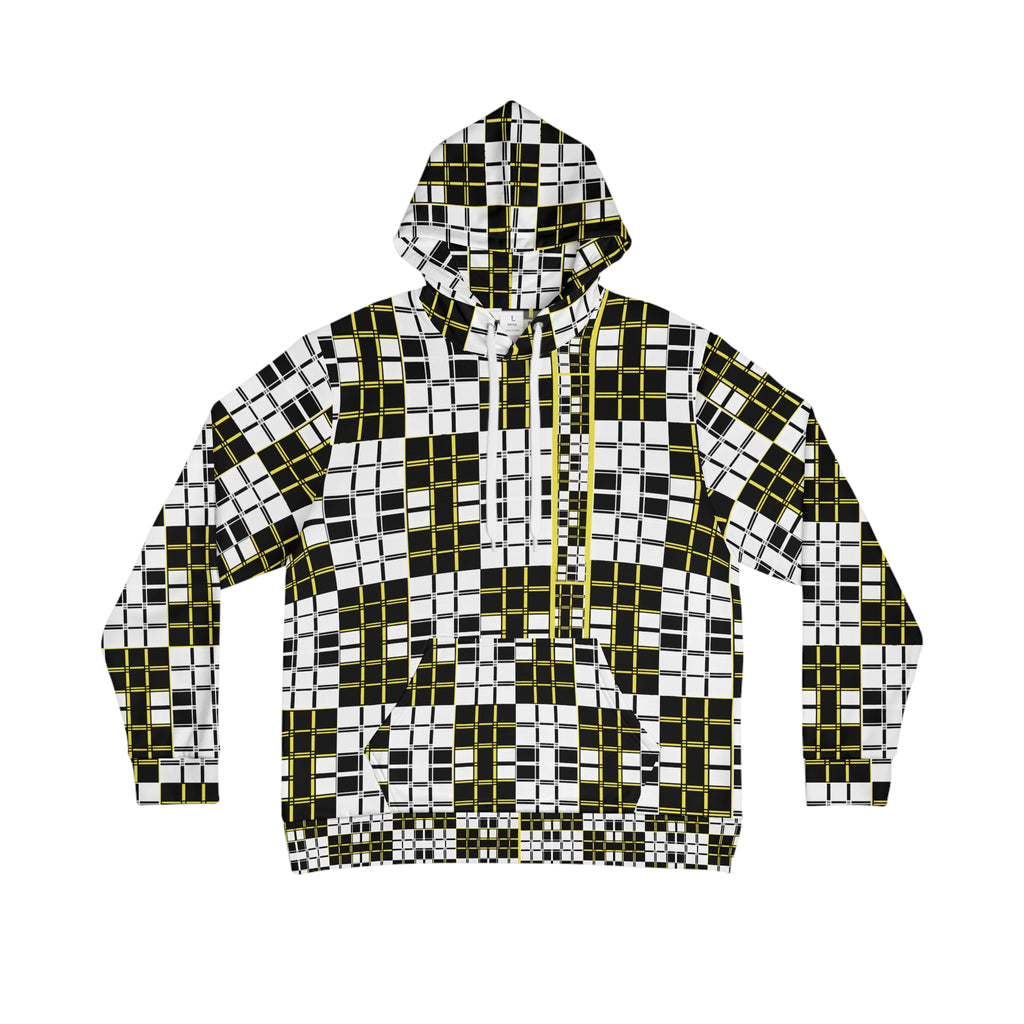 Checkerboard Grid Hoodie — Black, White & Olive Geometric All-Over Print
