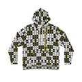 Checkerboard Grid Hoodie — Black, White & Olive Geometric All-Over Print