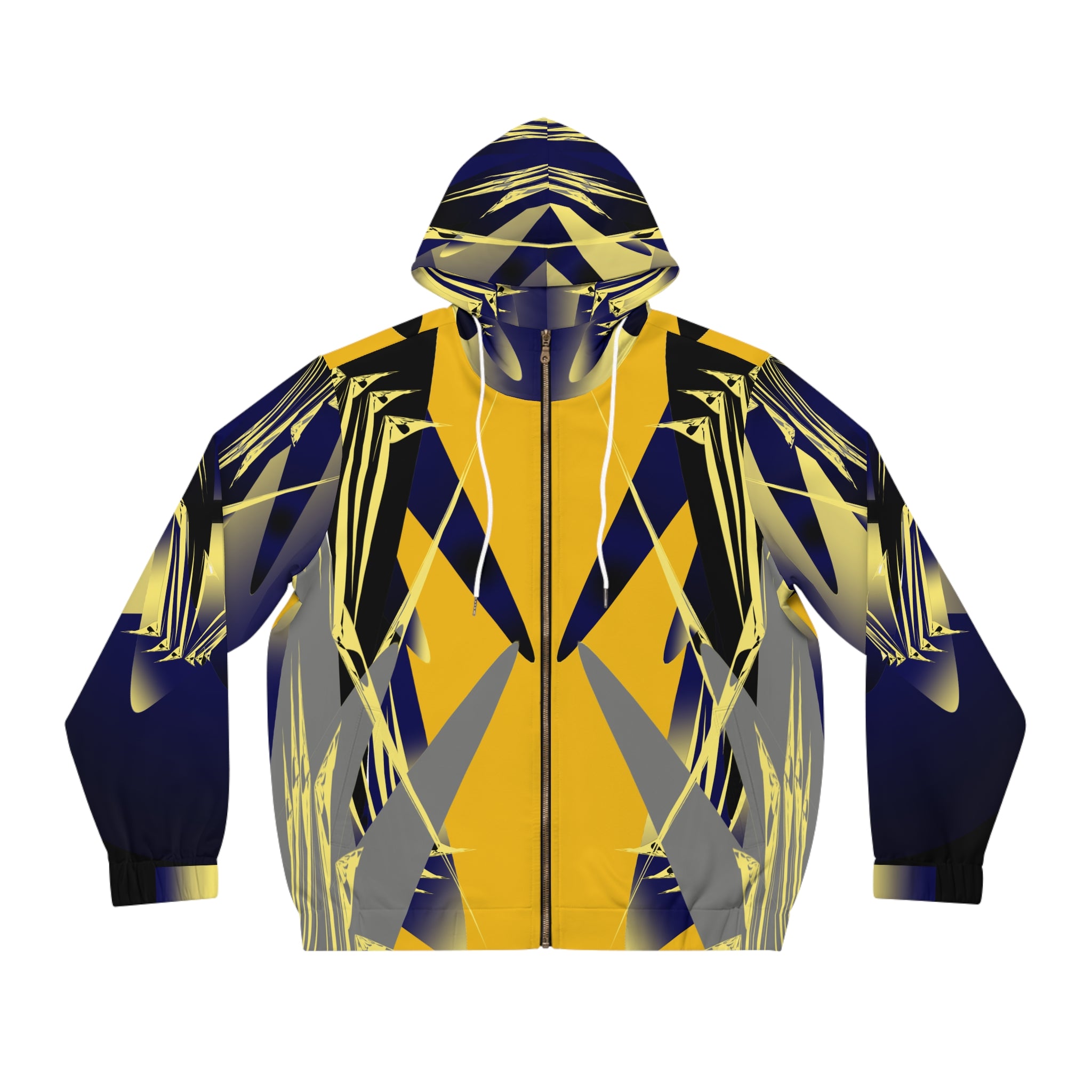 Men's Geometric Yellow & Navy Full-Zip Hoodie — Abstract Athletic AOP Jacket