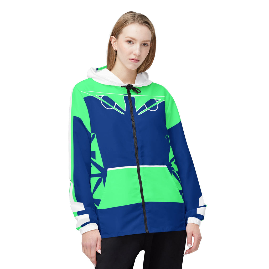 Neon Geo Windbreaker Jacket — Blue & Lime All-Over Print Hoodie