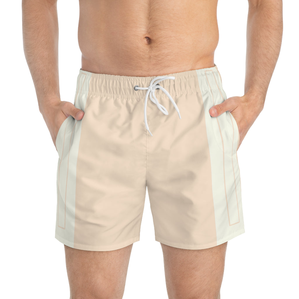 Minimal Beige Swim Trunks — Retro Stripe Beach Shorts