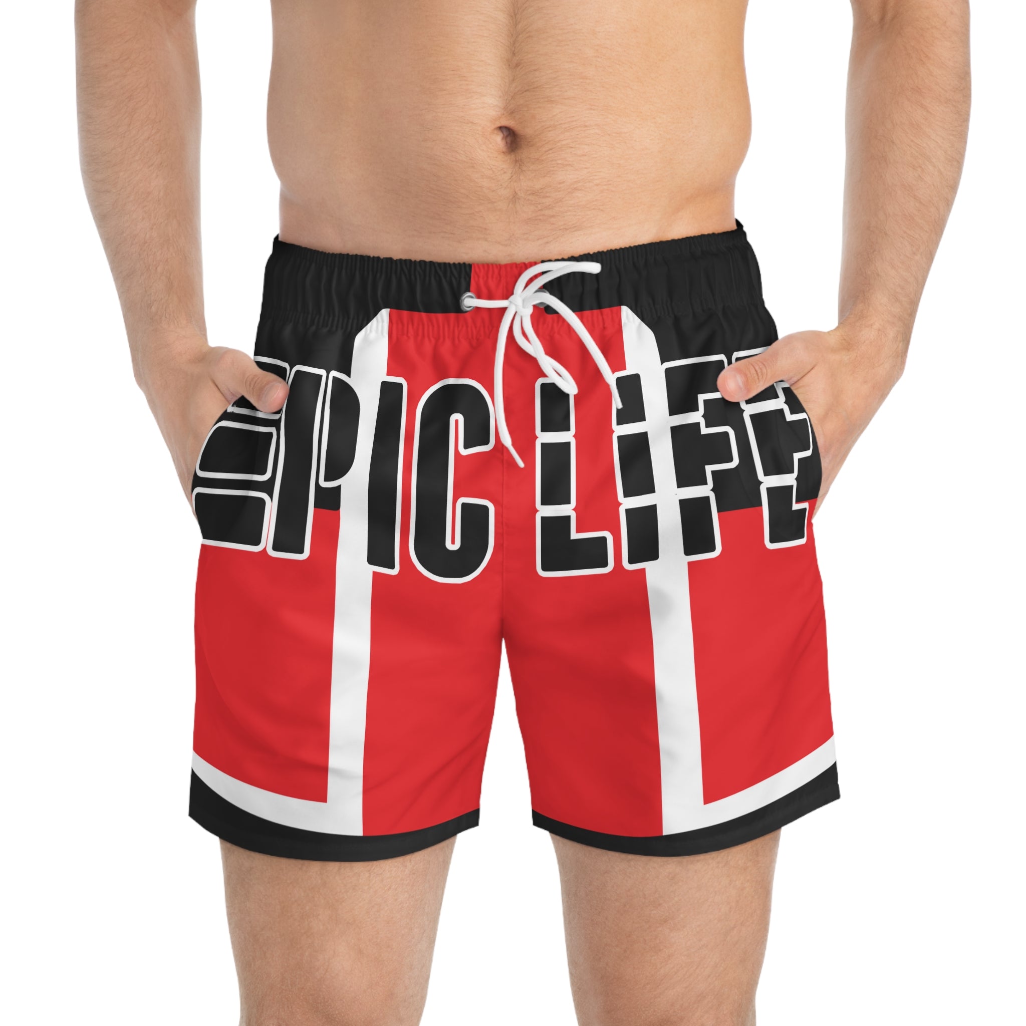 Epic Life Red Swim Trunks – Bold AOP Beach Shorts