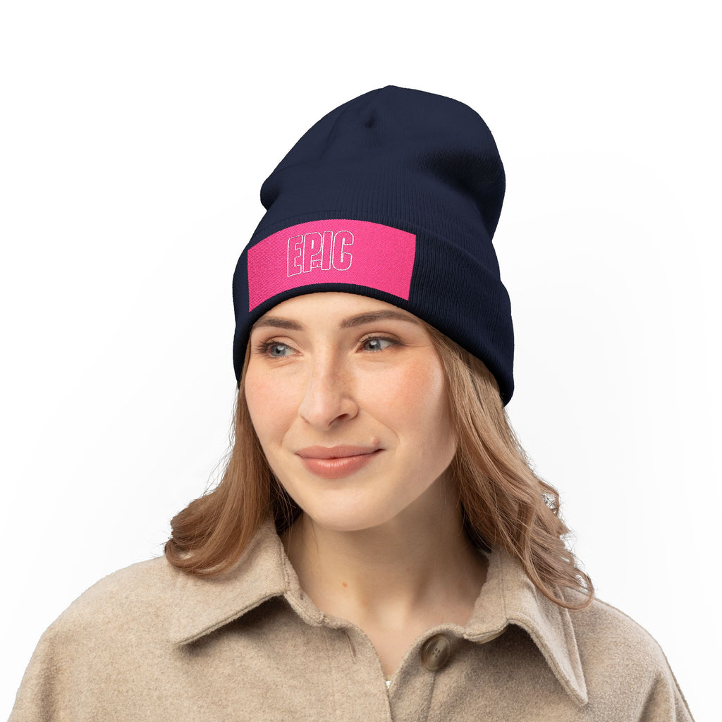 Embroidered 'EPIC' Knit Beanie - Pink Patch Winter Hat