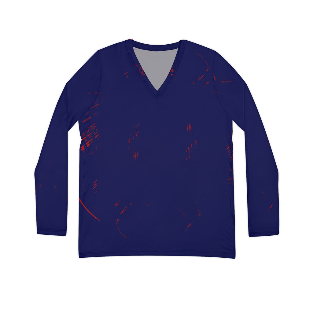 Navy V-Neck Long Sleeve Shirt — Women's Subtle Red Splatter AOP