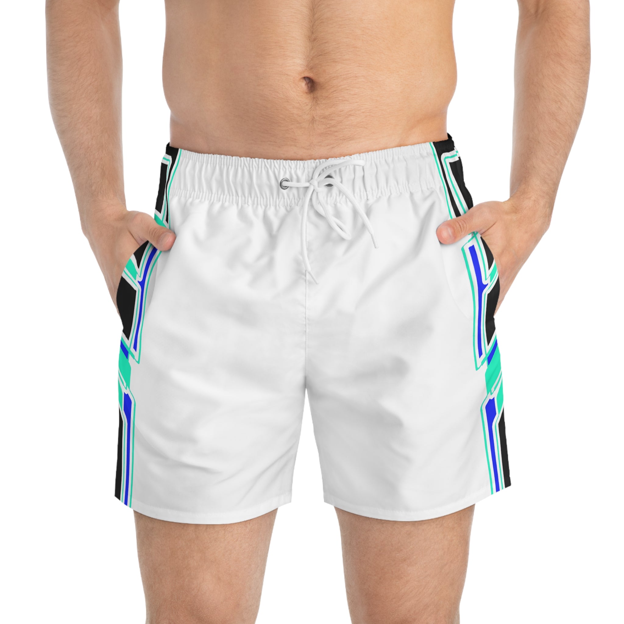 Geometric Neon Stripe Swim Trunks — White Teal Blue AOP Boardshorts