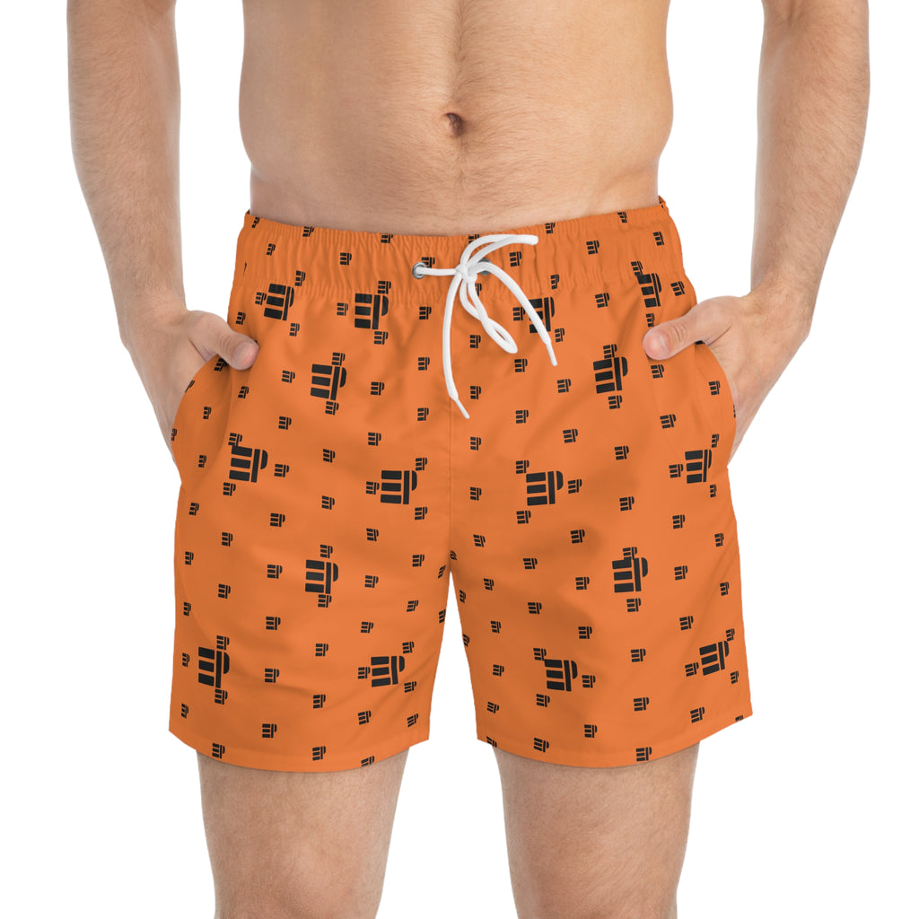 Orange Logo Pattern Swim Trunks – All-Over Print Beach Shorts