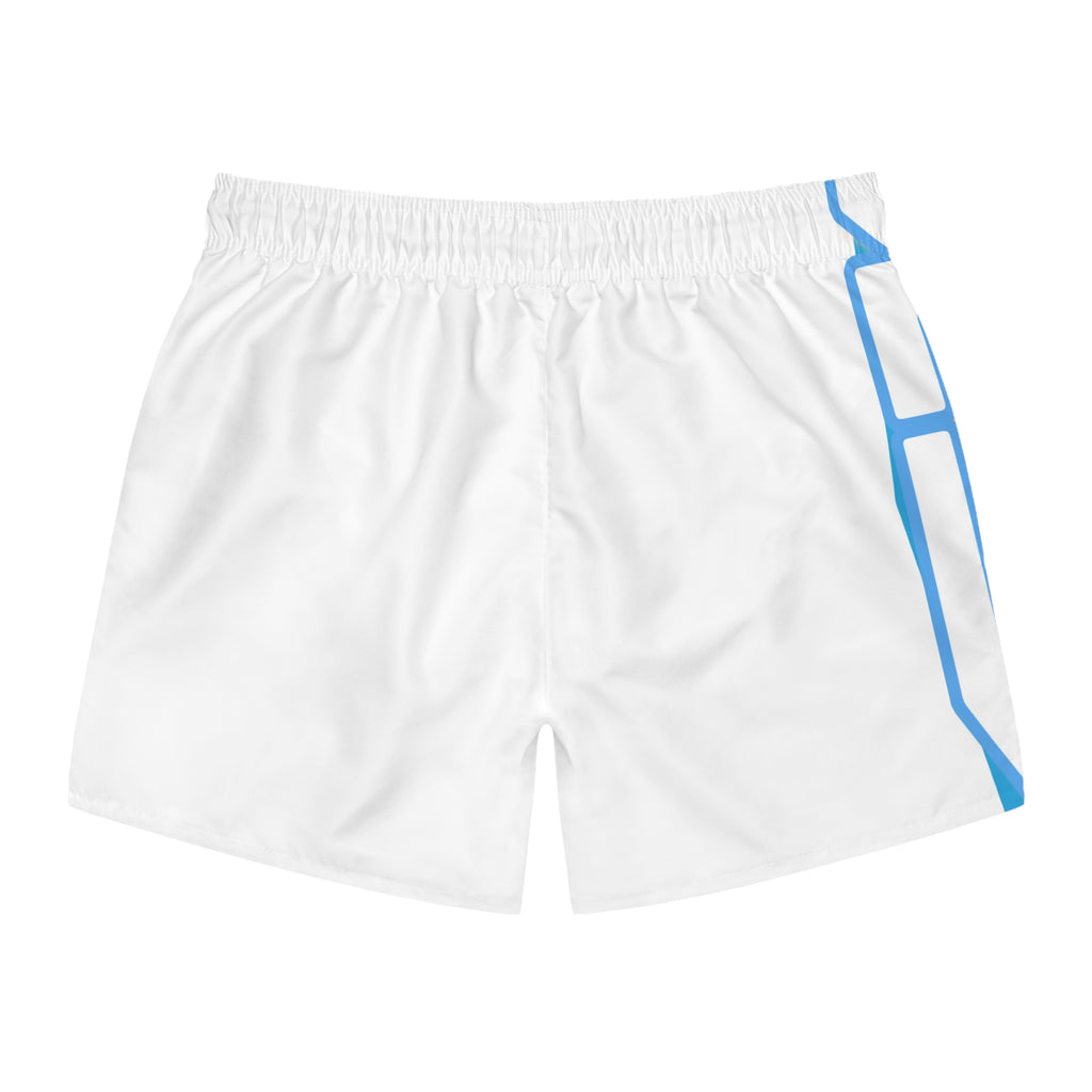 Volare White Swim Trunks — Retro Blue & Orange Side Logo All-Over Print