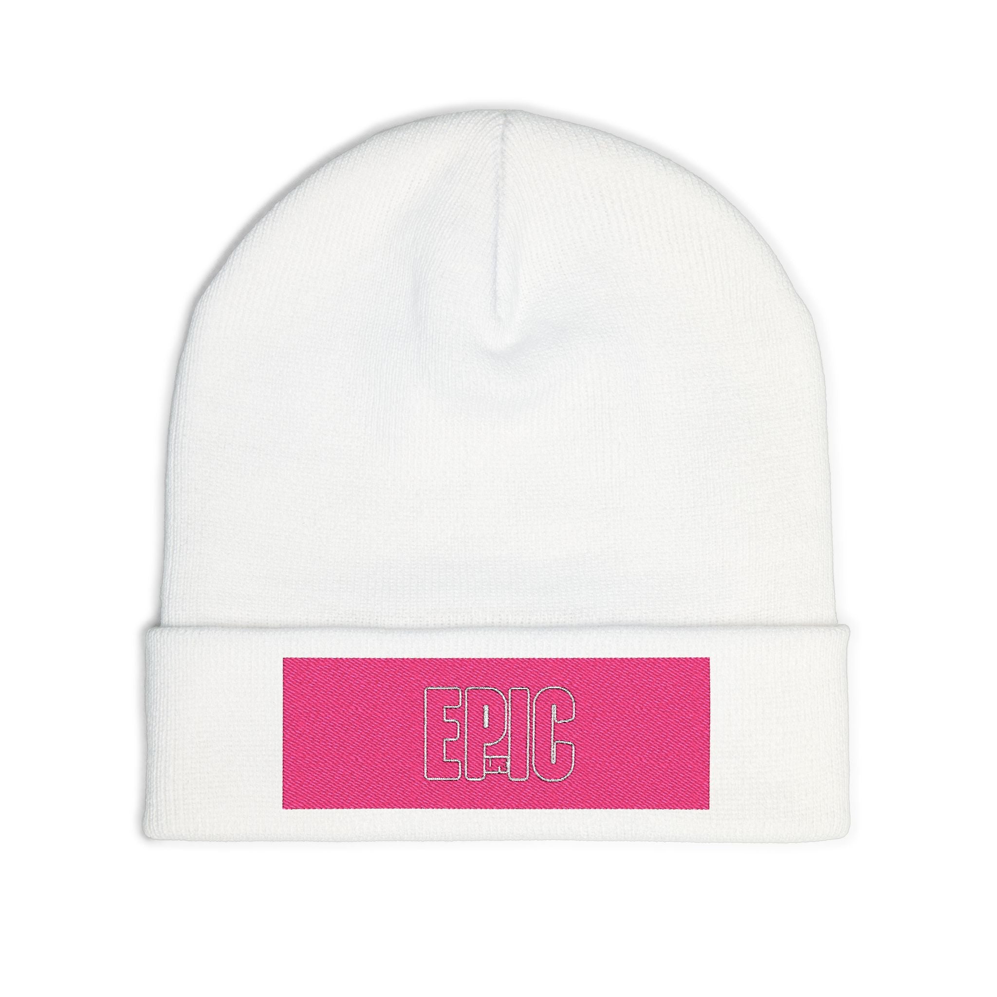 Embroidered 'EPIC' Knit Beanie - Pink Patch Winter Hat