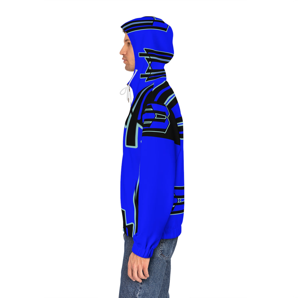 Blue Geometric Pattern Full‑Zip Hoodie — Bold Tribal Tech AOP Jacket