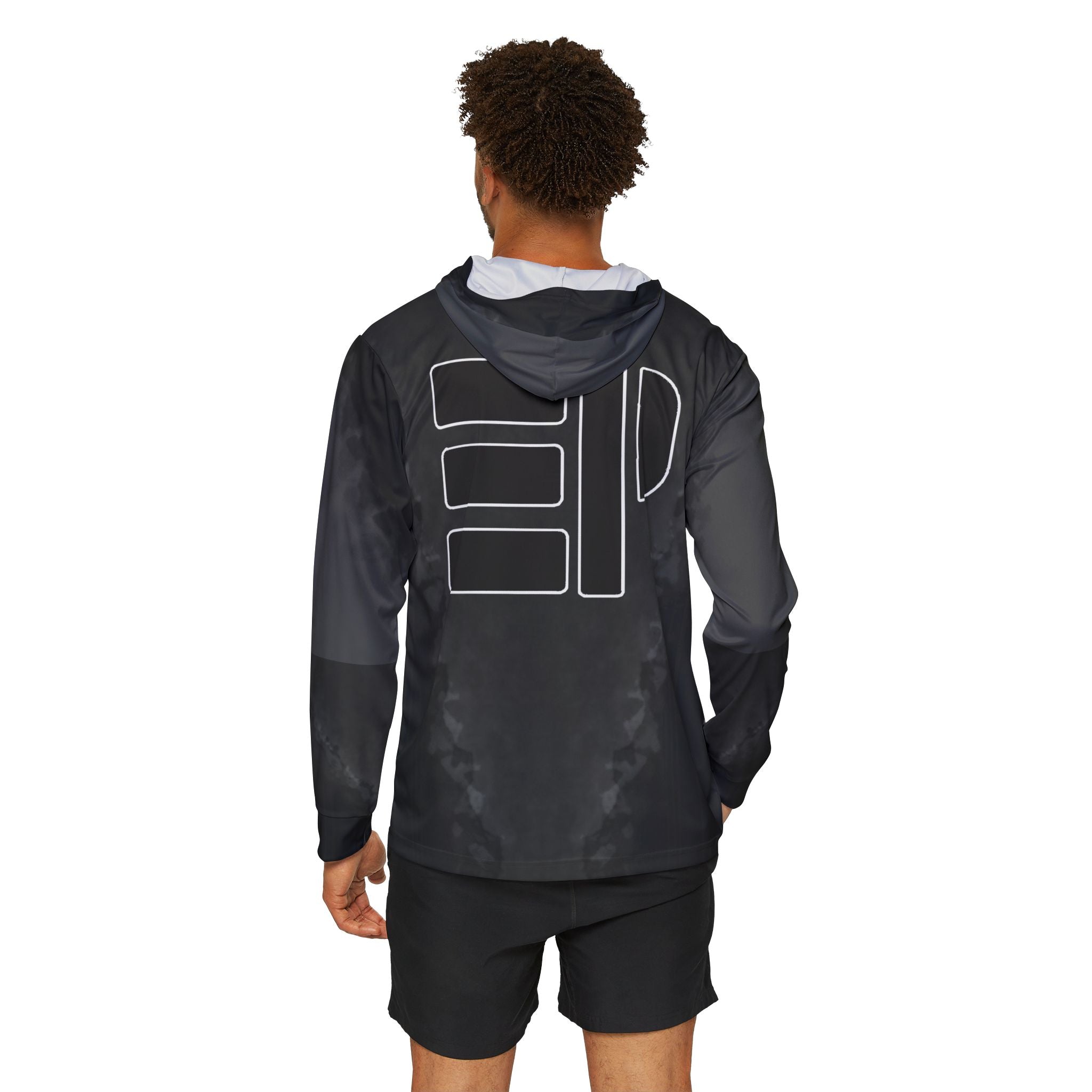 Men's Black Athletic Warmup Hoodie — Reflective Minimal Logo Sports Pullover