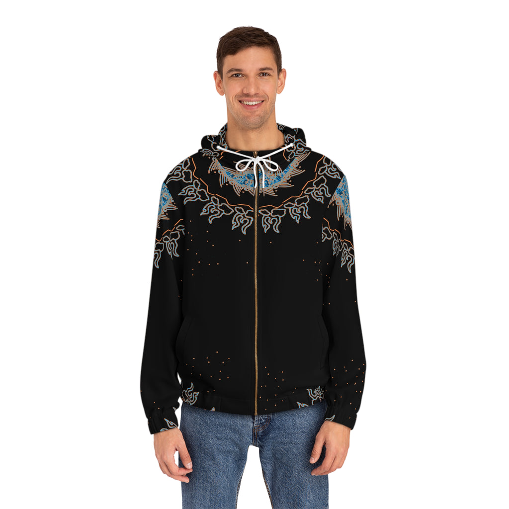 Celestial Mandala Zip Hoodie — Black & Sky Blue All-Over Print